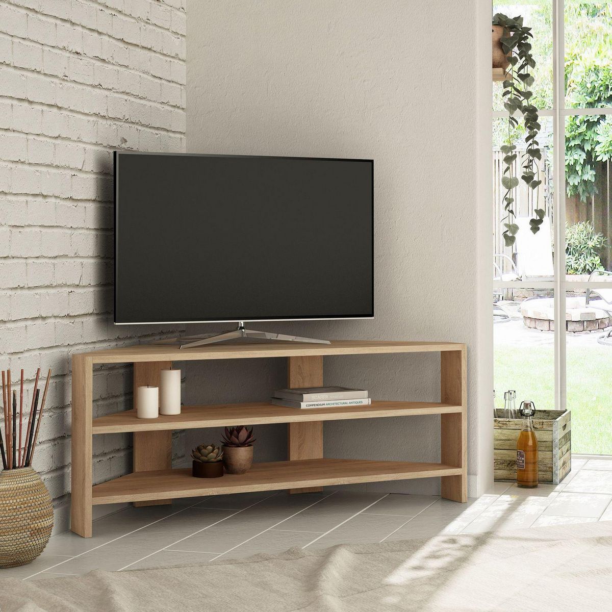TOILINUX Meuble TV d'angle design scandinave Thales - L. 114 x H. 45 cm - Marron