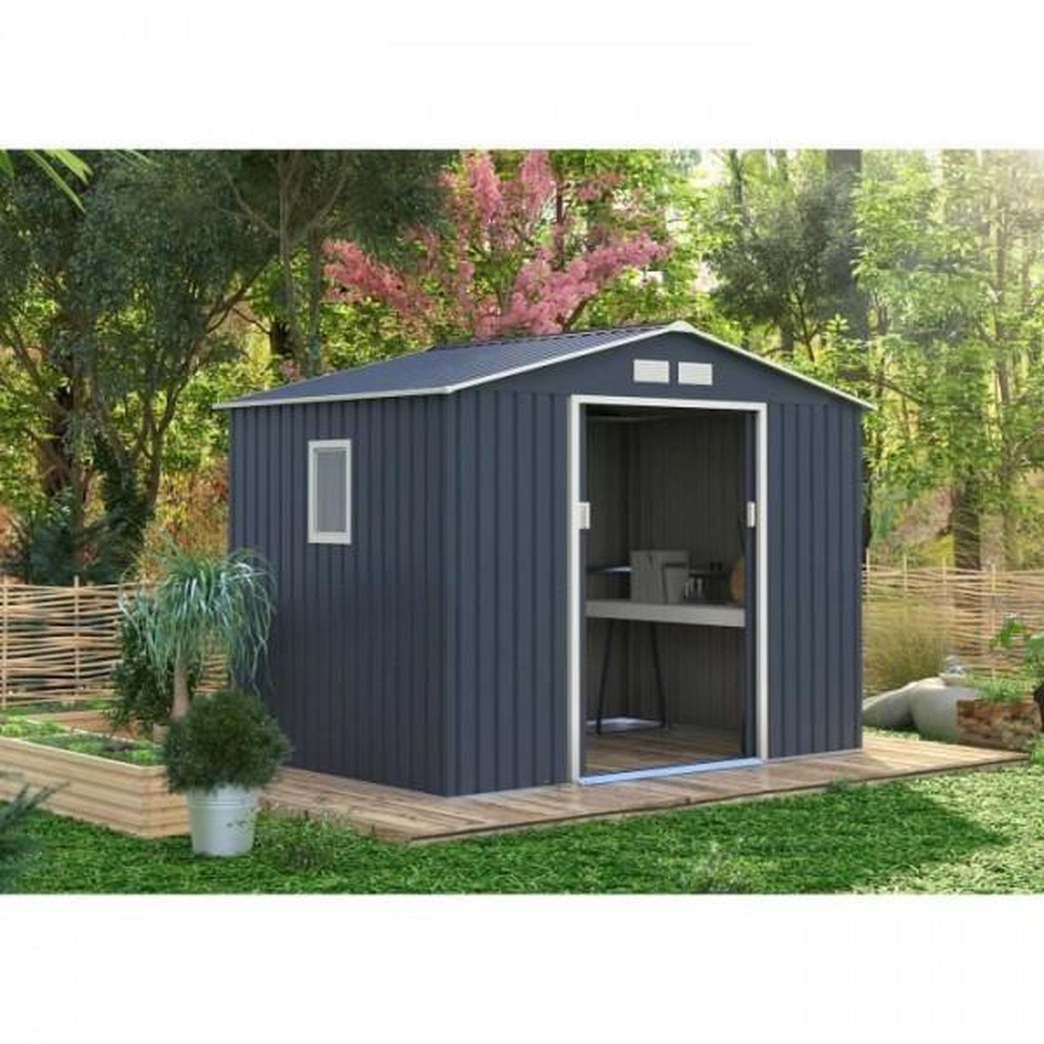 Voir la diapositive 2 : MARKET24 VENUS Abri de jardin en métal 	5,29 m² - 277 x 191 x 202 cm - Kit d'ancrage inclus, 2 portes coulissantes, 1 fenetre latérale