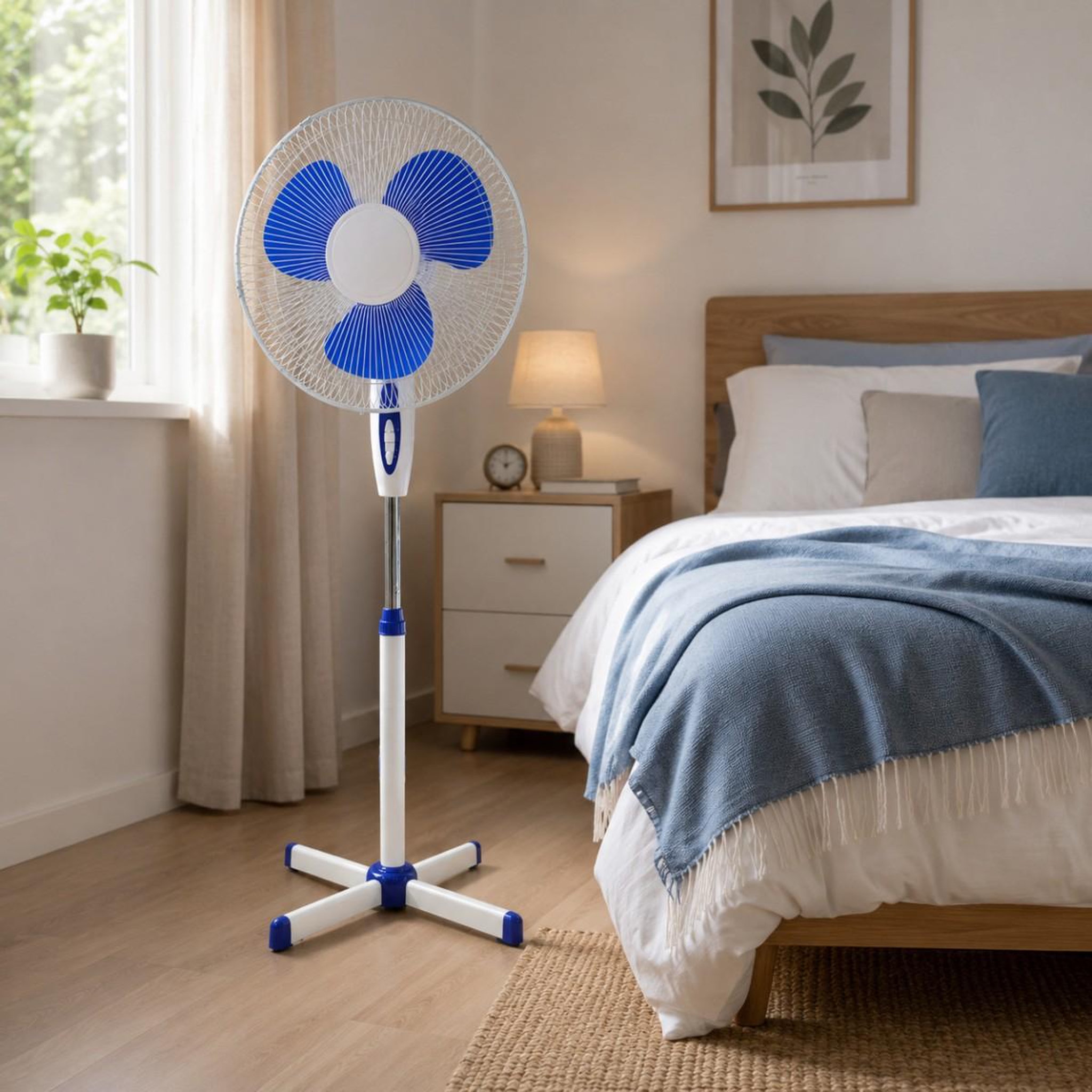 Voir la diapositive 5 : INTEC Ventilateur sur pied portable 45W 40Cm Hauteur réglable 1.30m Brasseur d'air Blanc Bleu 3 vitesses Oscillation Horizontale INTEC