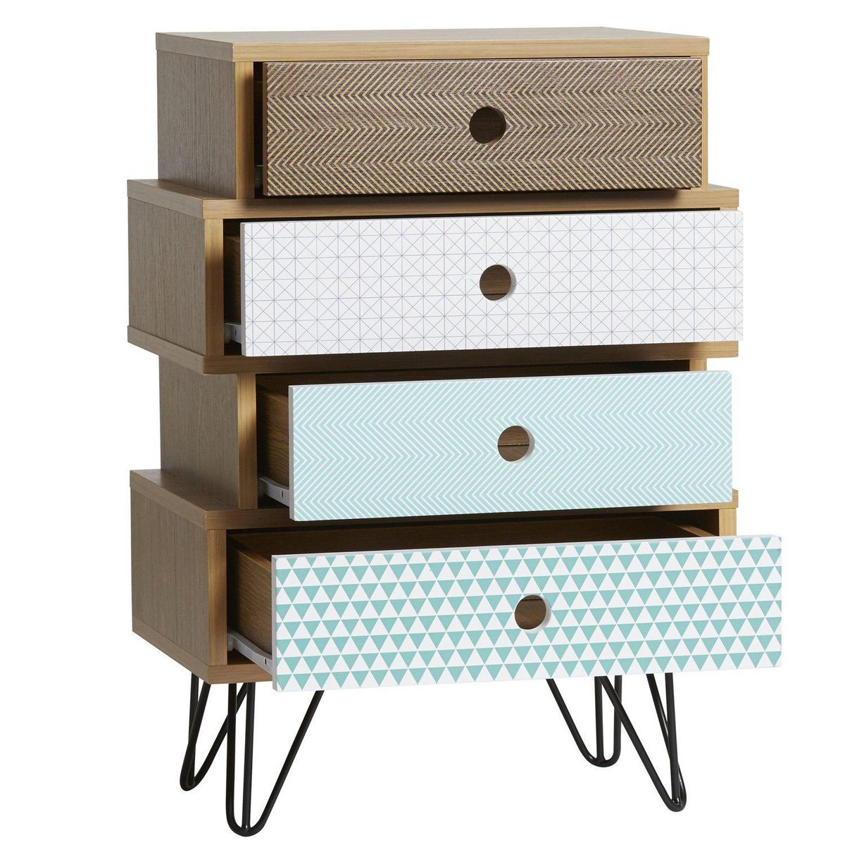 VS VENTA-STOCK Table Chevet Buda 4 Tiroirs, Couleur chêne, Jambes en métal en Noir