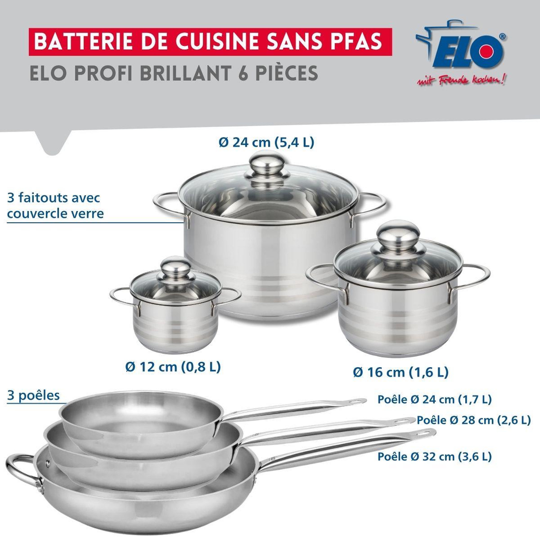 Voir la diapositive 2 : ELO Ensemble de 3 poêles de cuisson 24, 28 et 32 cm et 3 faitouts 12, 16 et 24 cm elo profi brillant