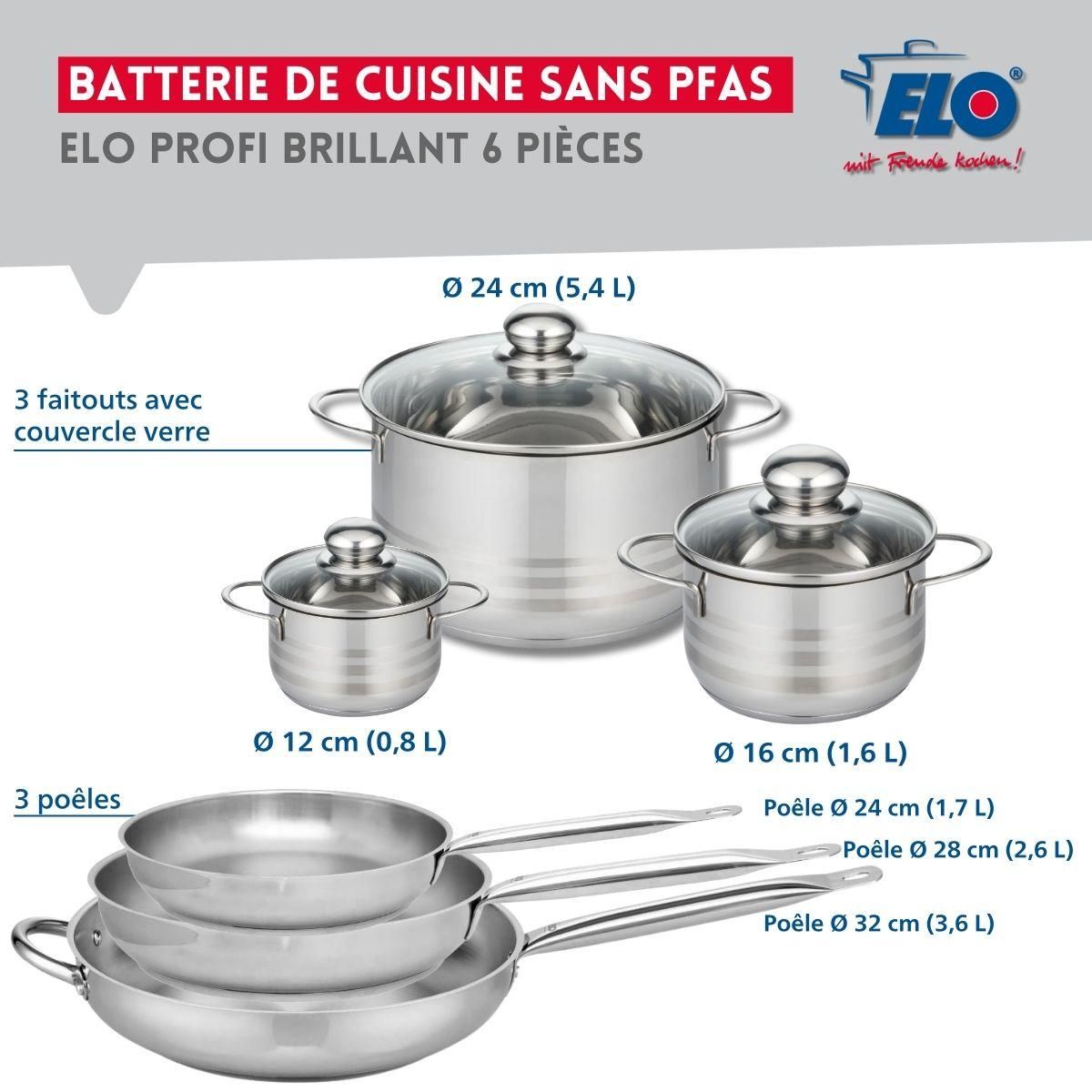 ELO Ensemble de 3 Poêles de cuisson 24, 28 et 32 cm et 3 faitouts 12, 16 et 24 cm Elo Profi Brillant