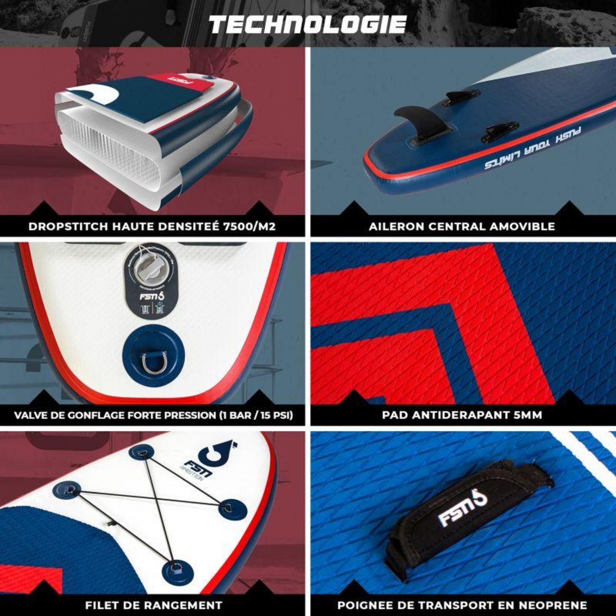 FUSION Paddle gonflable AMBITION 10'4 - 317x76x15 cm - Stand up paddle avec pagaie, leash, pompe, anneaux de kayak et sac de transport