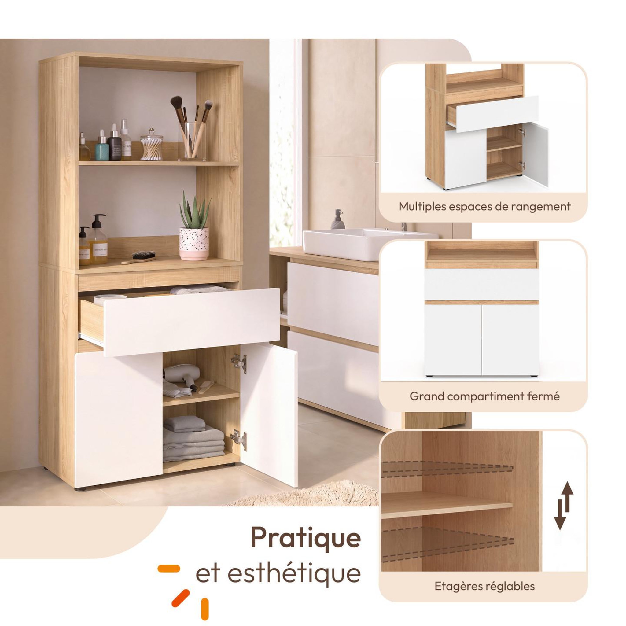 Voir la diapositive 3 : ID MARKET Meuble armoire salle de bain TOMI 2 portes et 1 tiroir avec étagères façon hêtre et blanc