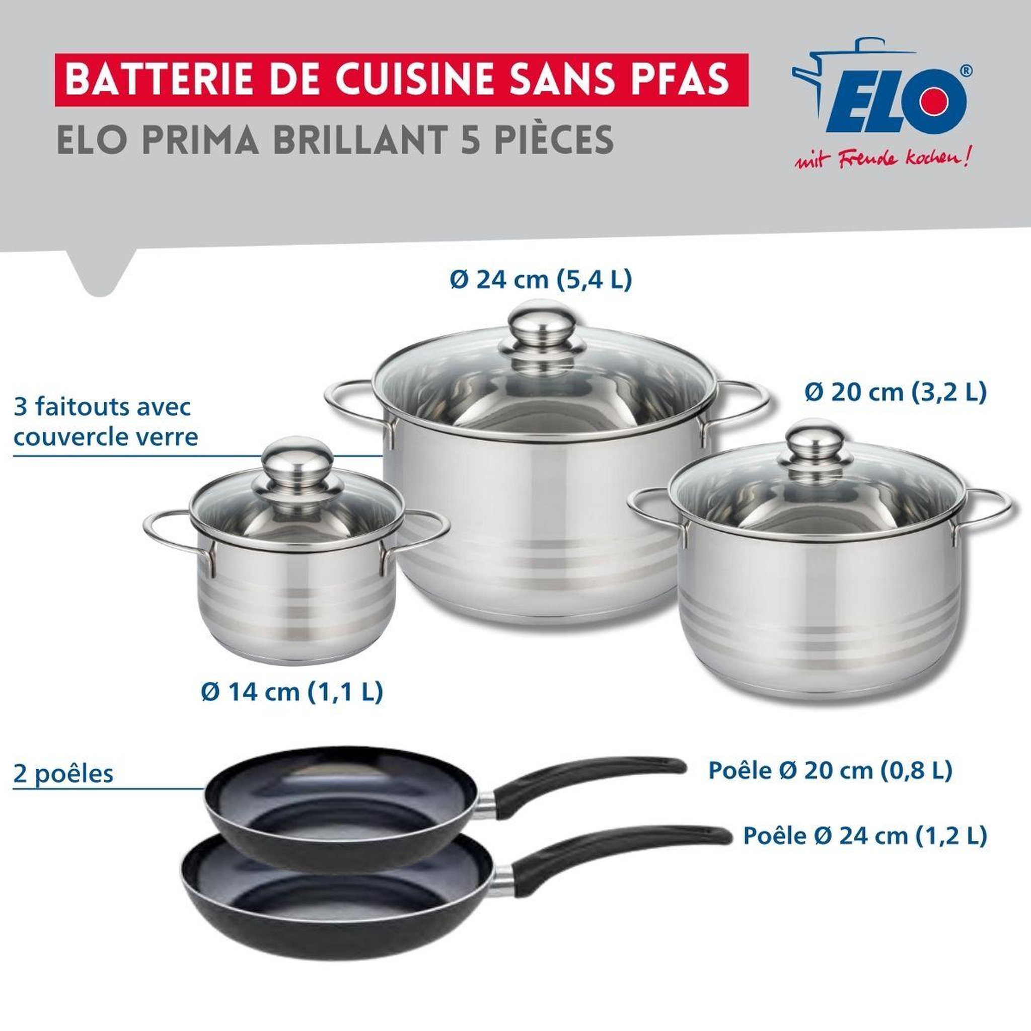 Voir la diapositive 2 : ELO Ensemble de 2 poêles de cuisson 20 et 24 cm et 3 faitouts 14, 20 et 24 cm elo prima brillant