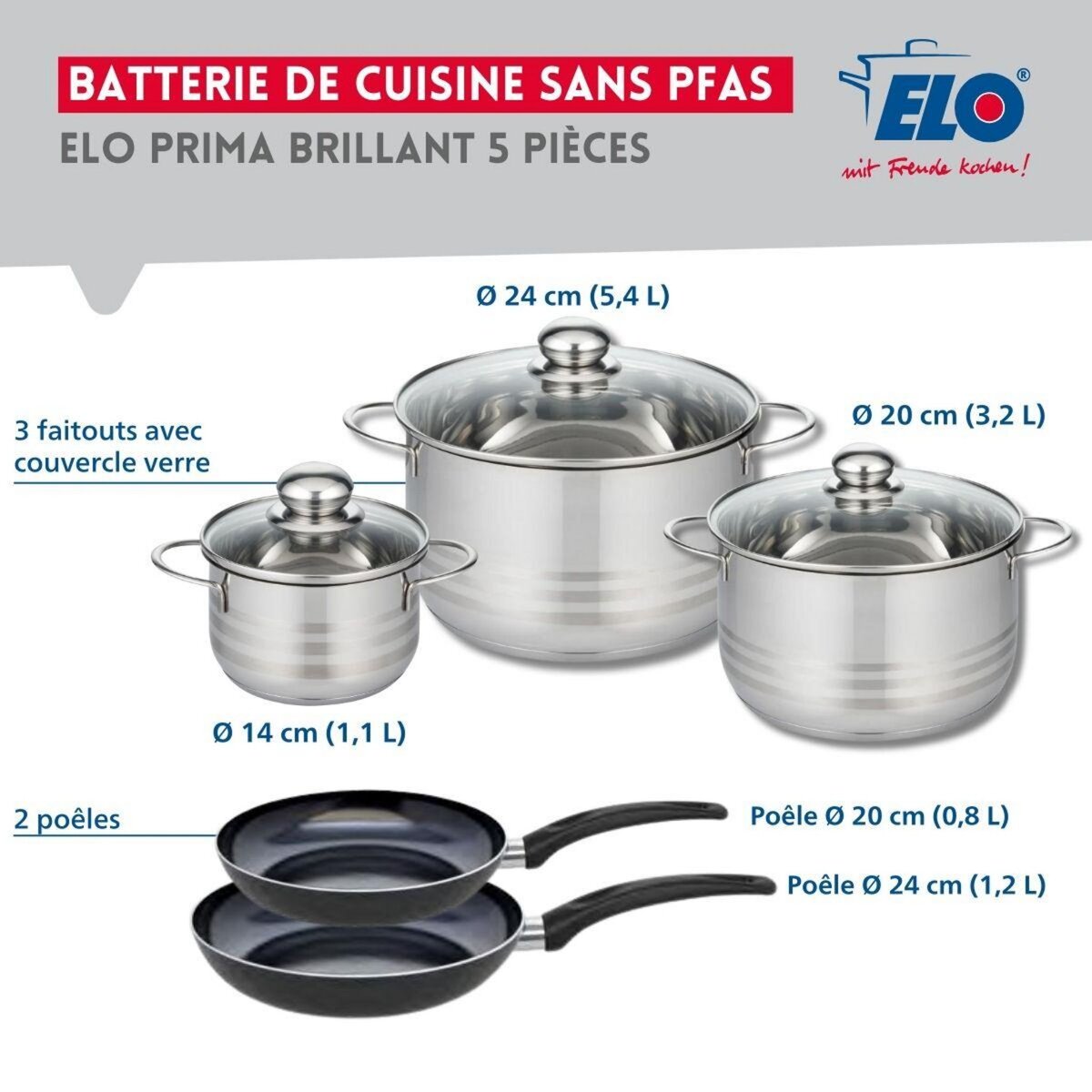 ELO Ensemble de 2 Poêles de cuisson 20 et 24 cm et 3 faitouts 14, 20 et 24 cm Elo Prima Brillant