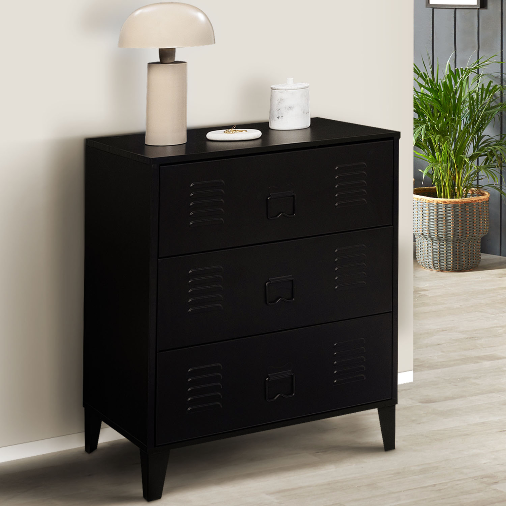 Voir la diapositive 2 : ID MARKET Commode ester 60 cm 3 tiroirs métal noir design industriel