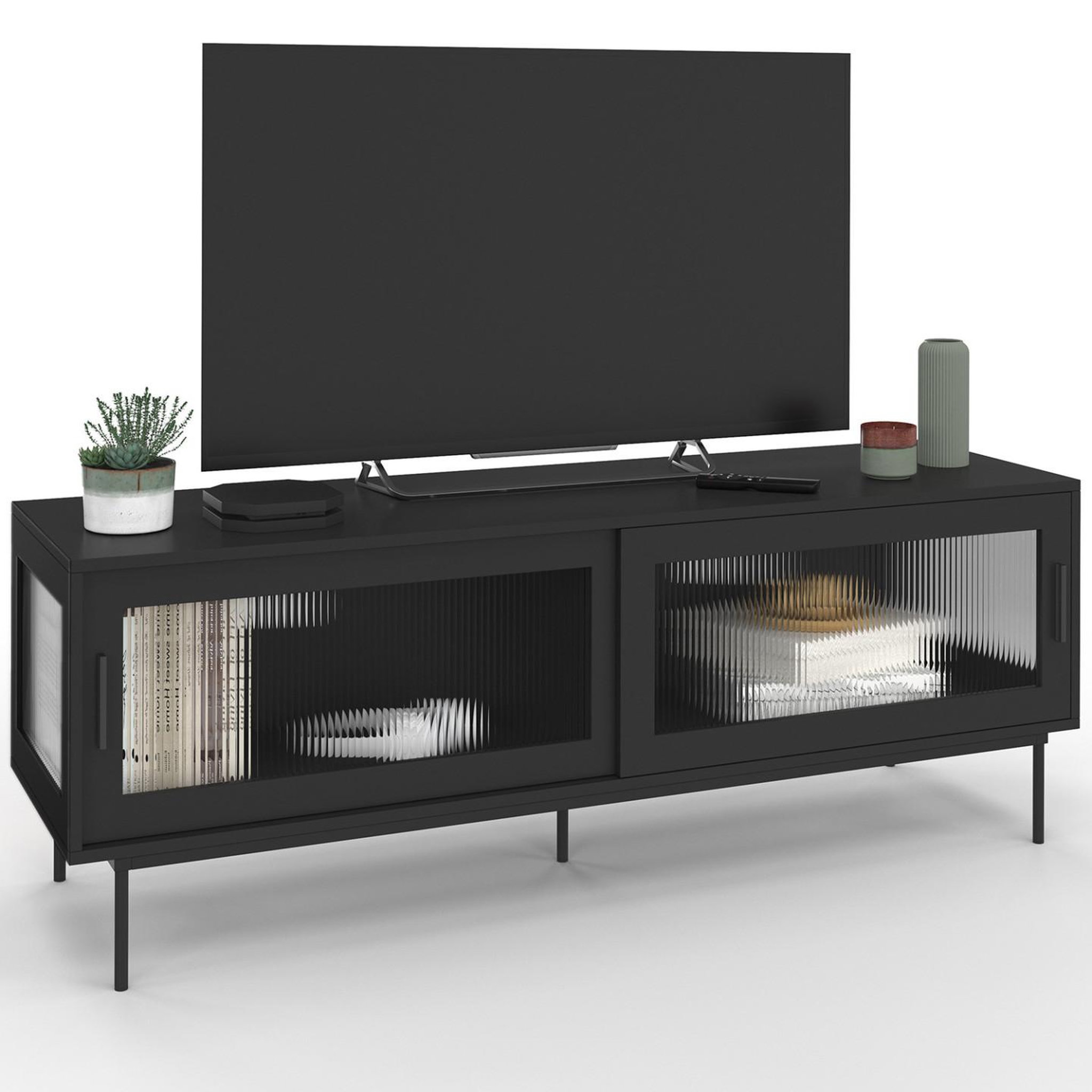 ID MARKET Meuble tv 140 cm zineb 2 portes coulissantes vitrées façade cannelée noir