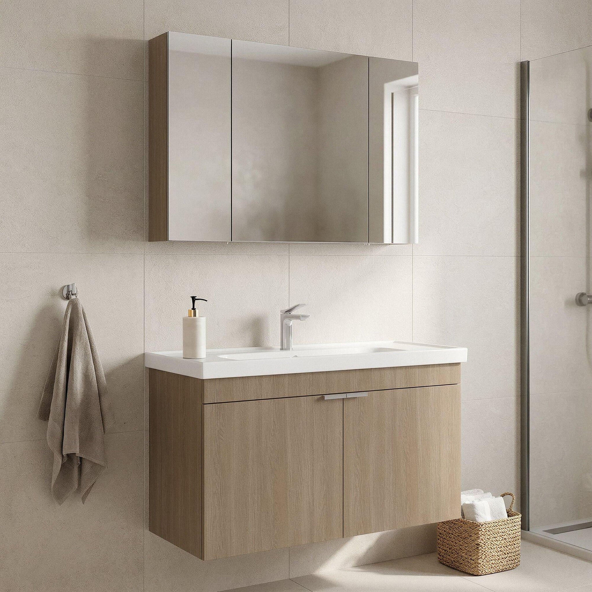 Voir la diapositive 2 : Habitat et Jardin Meuble avec simple vasque et miroir  Desna 100  - 100 x 45 x 58 cm - Oak