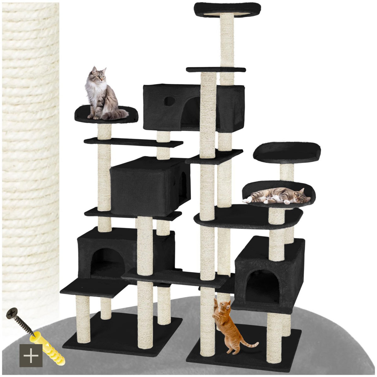 tectake Arbre à chat 214 cm avec griffoir et plateforme d'escalade noir