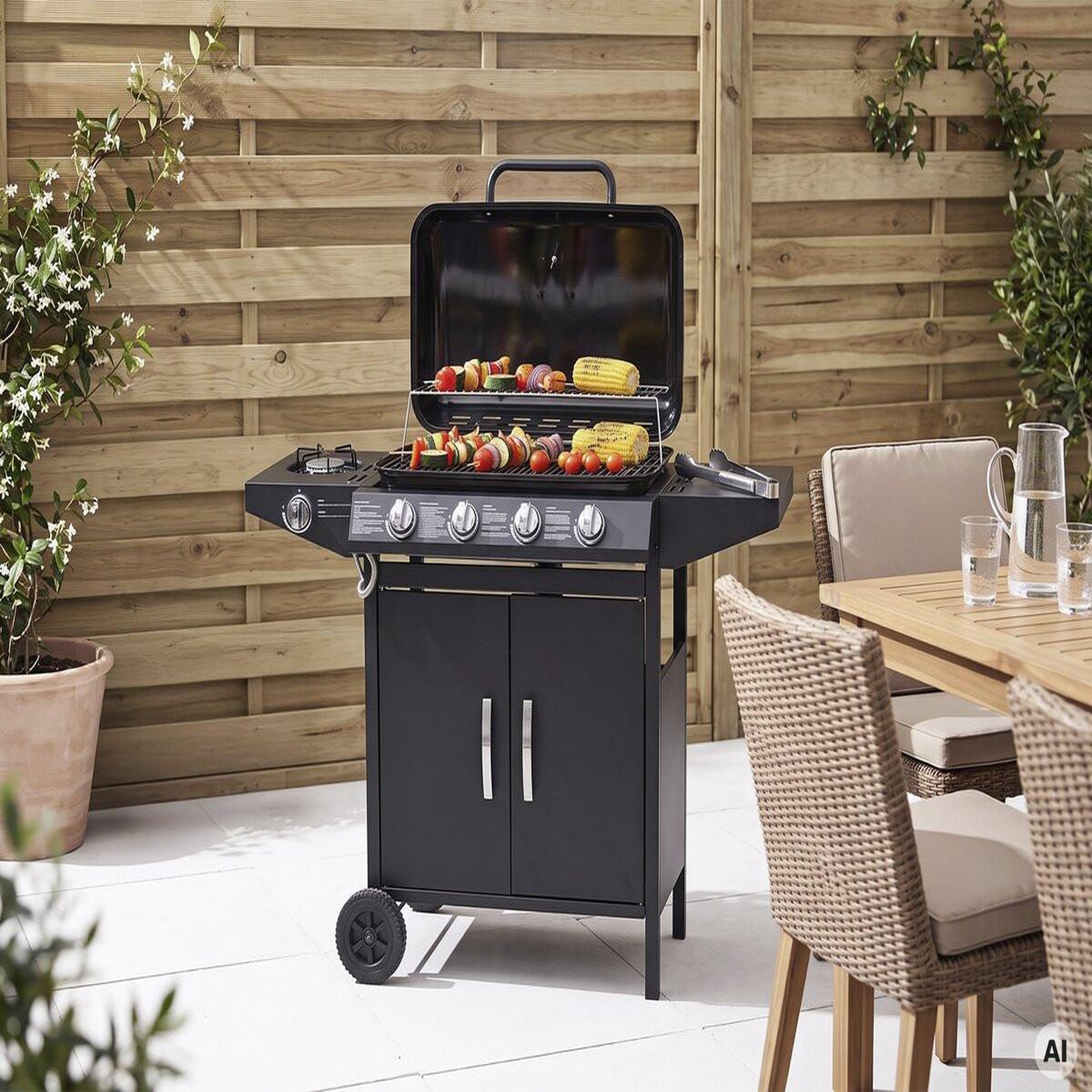 Voir la diapositive 2 : Habitat et Jardin Barbecue gaz  Festa 5  - 5 brûleurs dont 1 latéral - 12.9 Kw- Noir