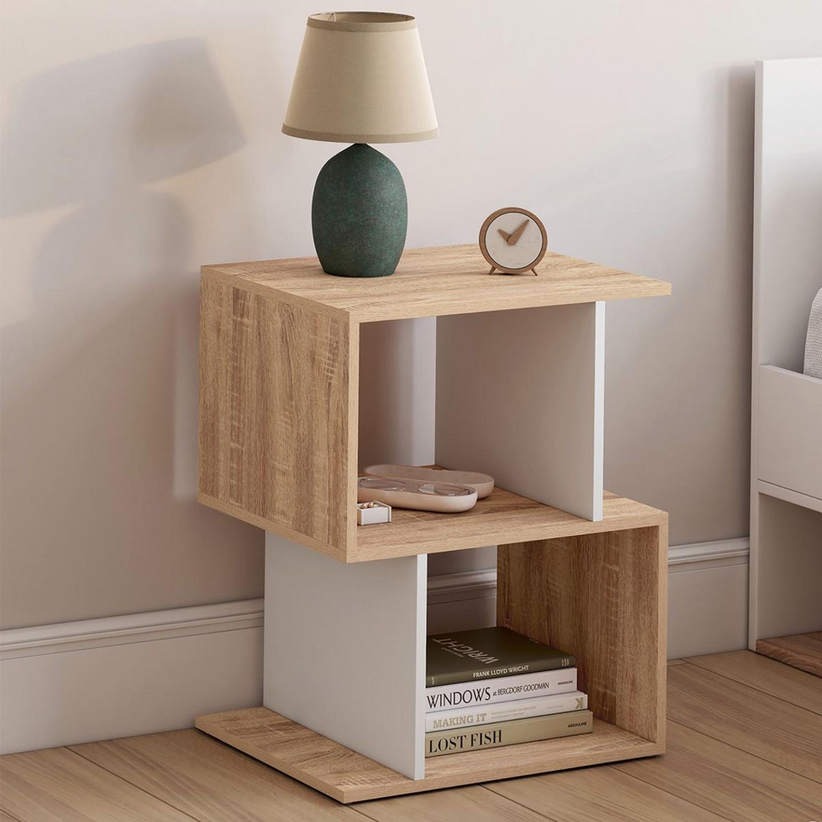 ID MARKET Lot de 2 tables de chevet SOFIA forme S avec rangements ouverts effet hêtre et blanc