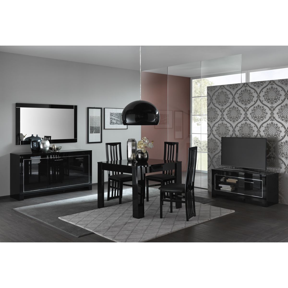 Meuble TV moderne 1 niche 1 porte laqué brillant L112 cm