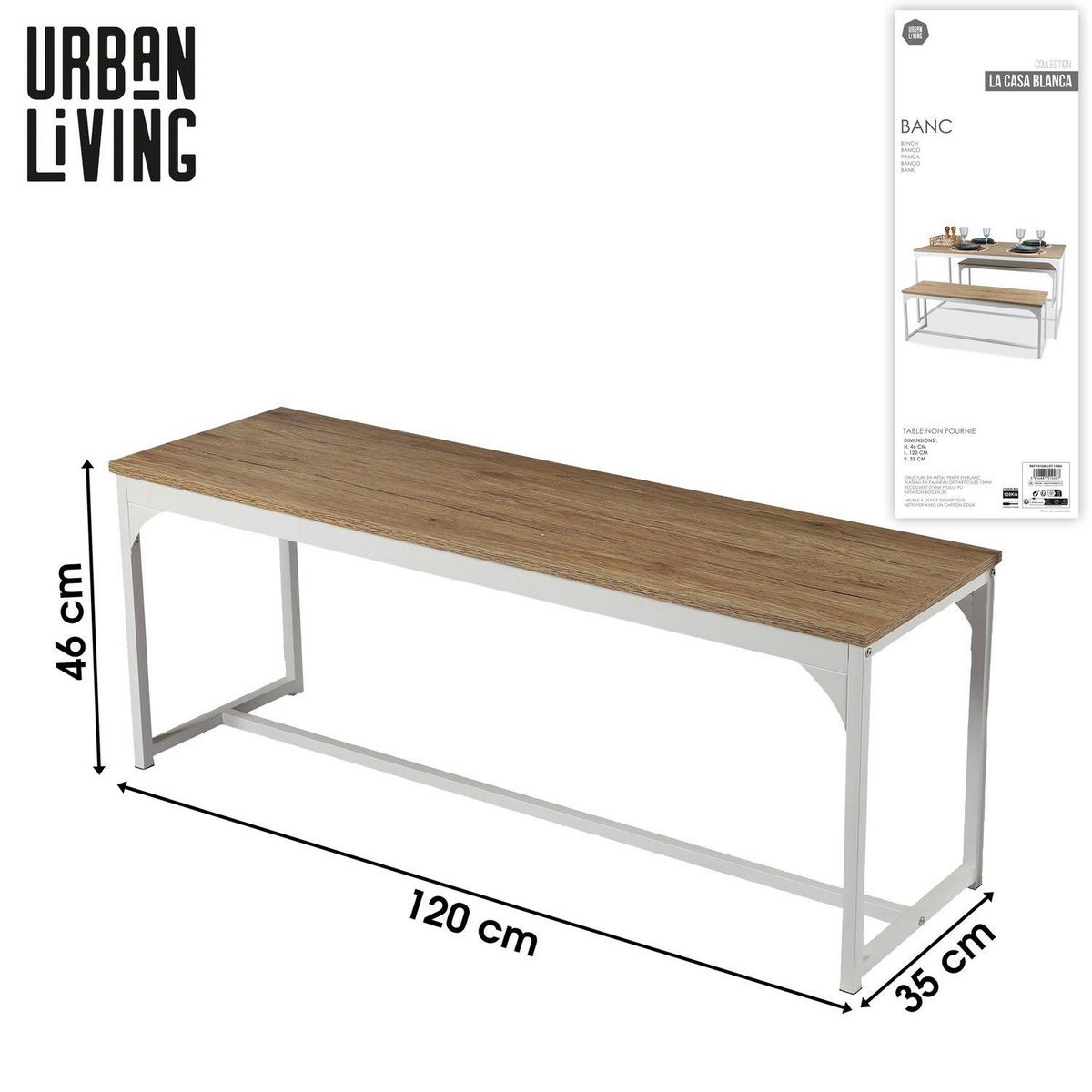 TOILINUX Banc d'intérieur Casa Blanca en Panneaux de particules et Métal - H.46cm x L.120 cm - Beige et Blanc