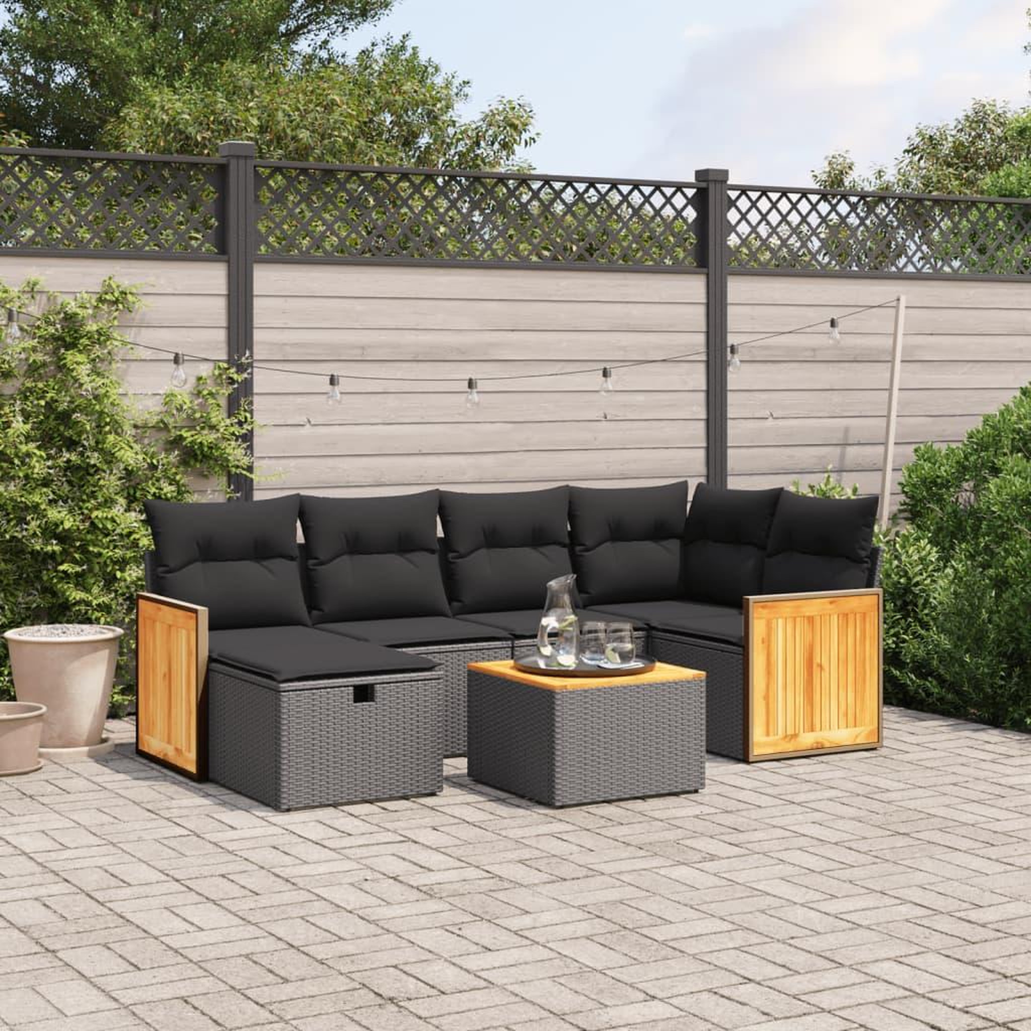 VIDAXL Salon de jardin 7 pcs avec coussins noir resine tressee