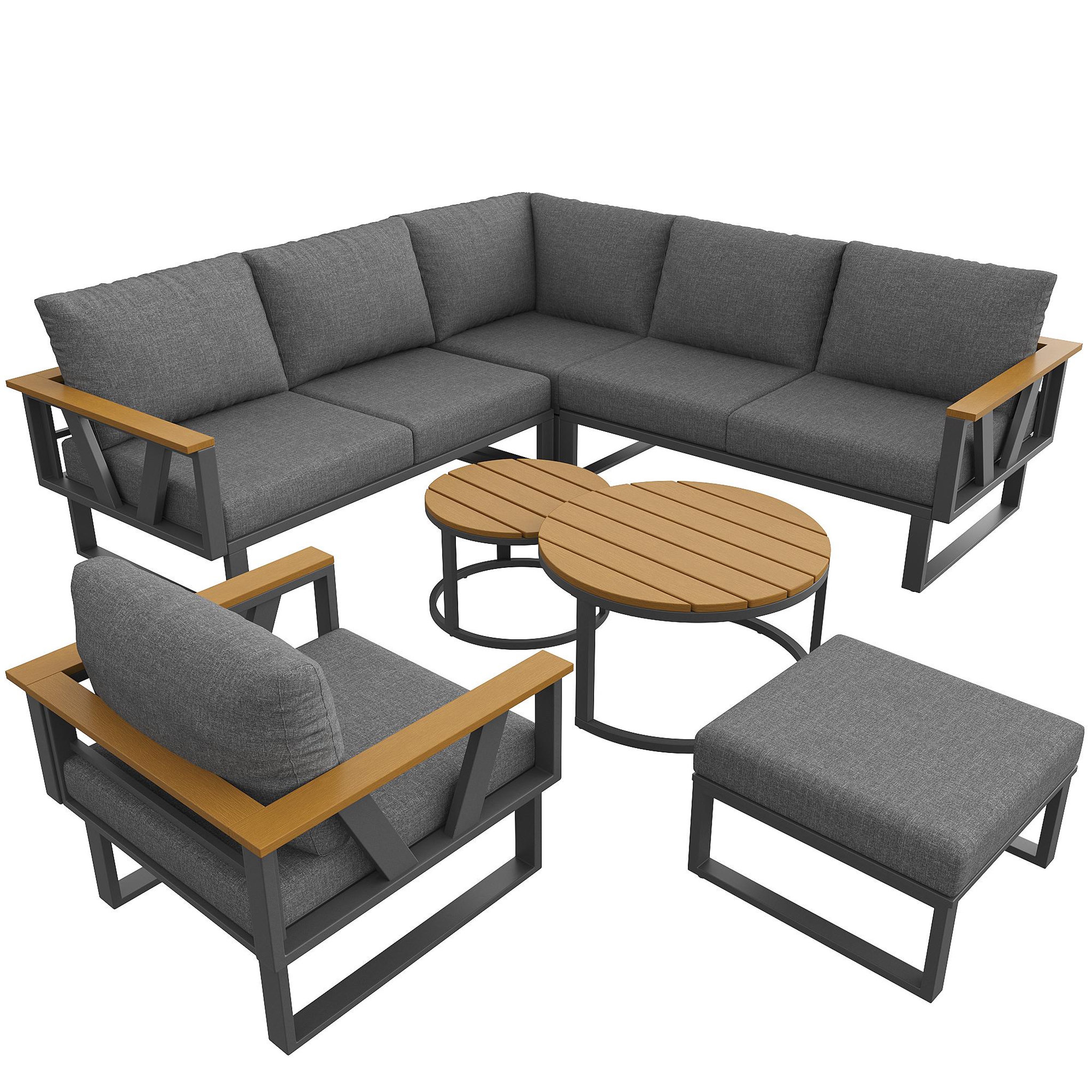 Voir la diapositive 1 : MERAX Salon de jardin 6 places en métal avec canapé d'angle, 2 tables basses en bois, fauteuils et coussins