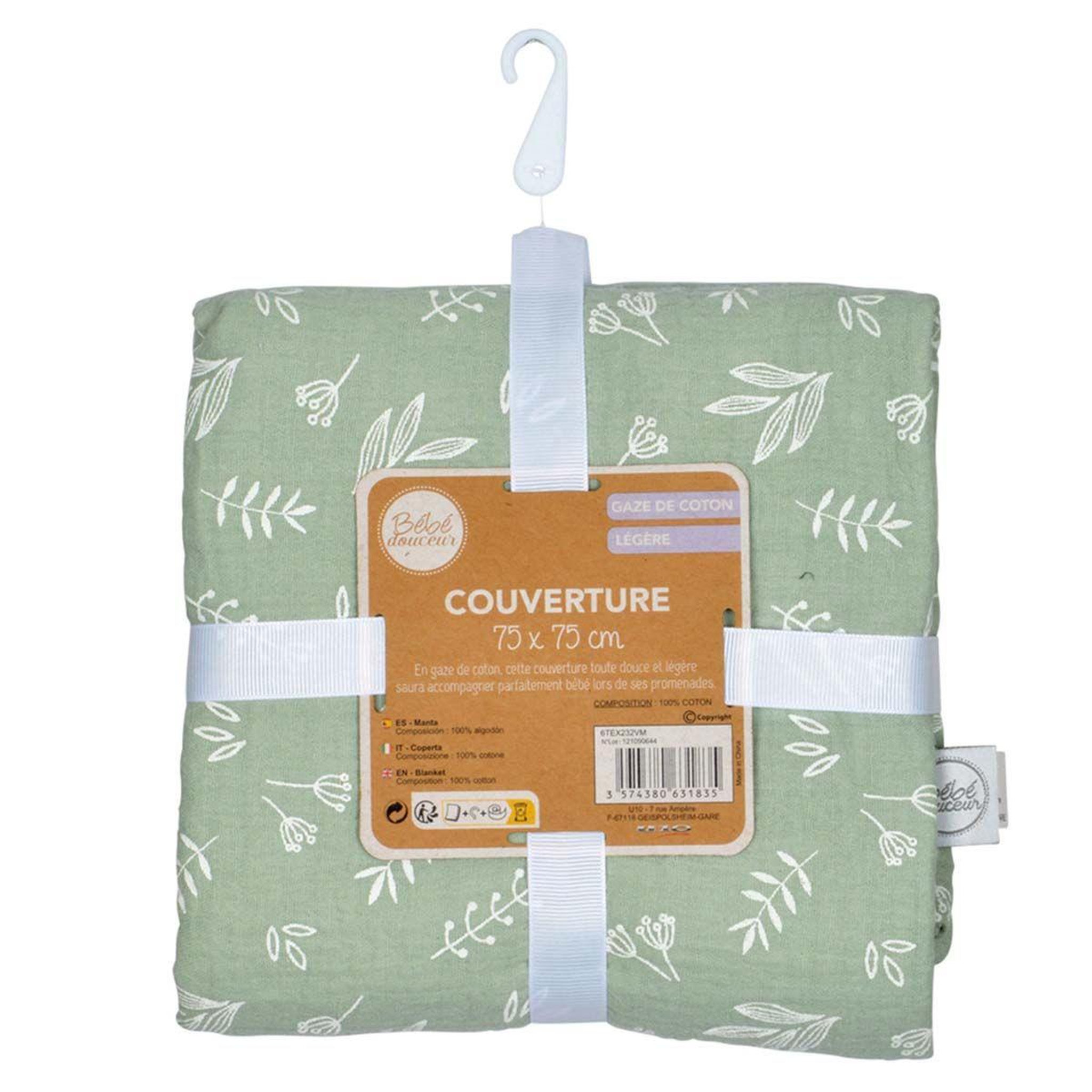 Voir la diapositive 3 : BEBE DOUCEUR Couverture pour bébé  coton  75x75cm vert céladon