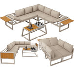 MERAX Salon de jardin 7 places en fer avec canapé d'angle, table basse et table glacière. Coloris disponibles : Gris