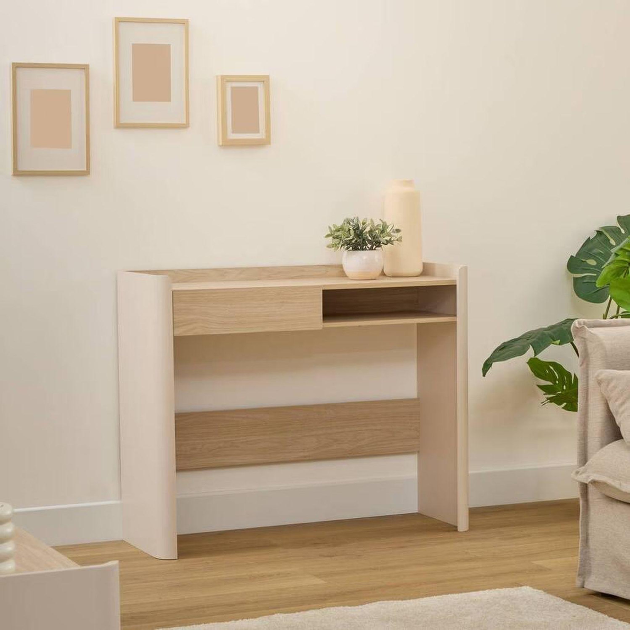 Voir la diapositive 2 : FIVE Console effet bois 1 tiroir roundy - beige