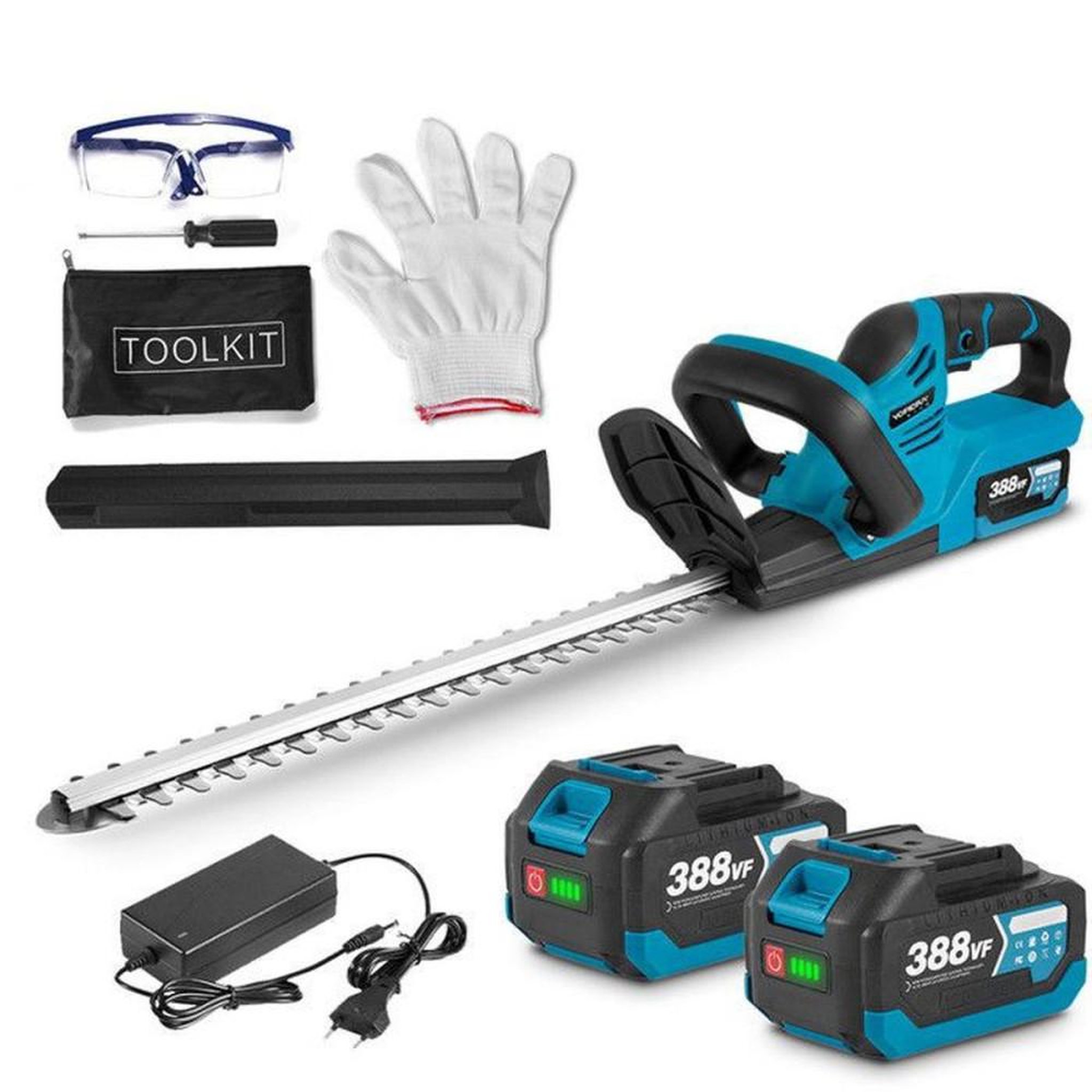 Tronçonneuse de haies électrique sans fil 55 cm lames double face, moteur 500 W 9 000–13 000 tr/min, 2 batteries 3,0 Ah
