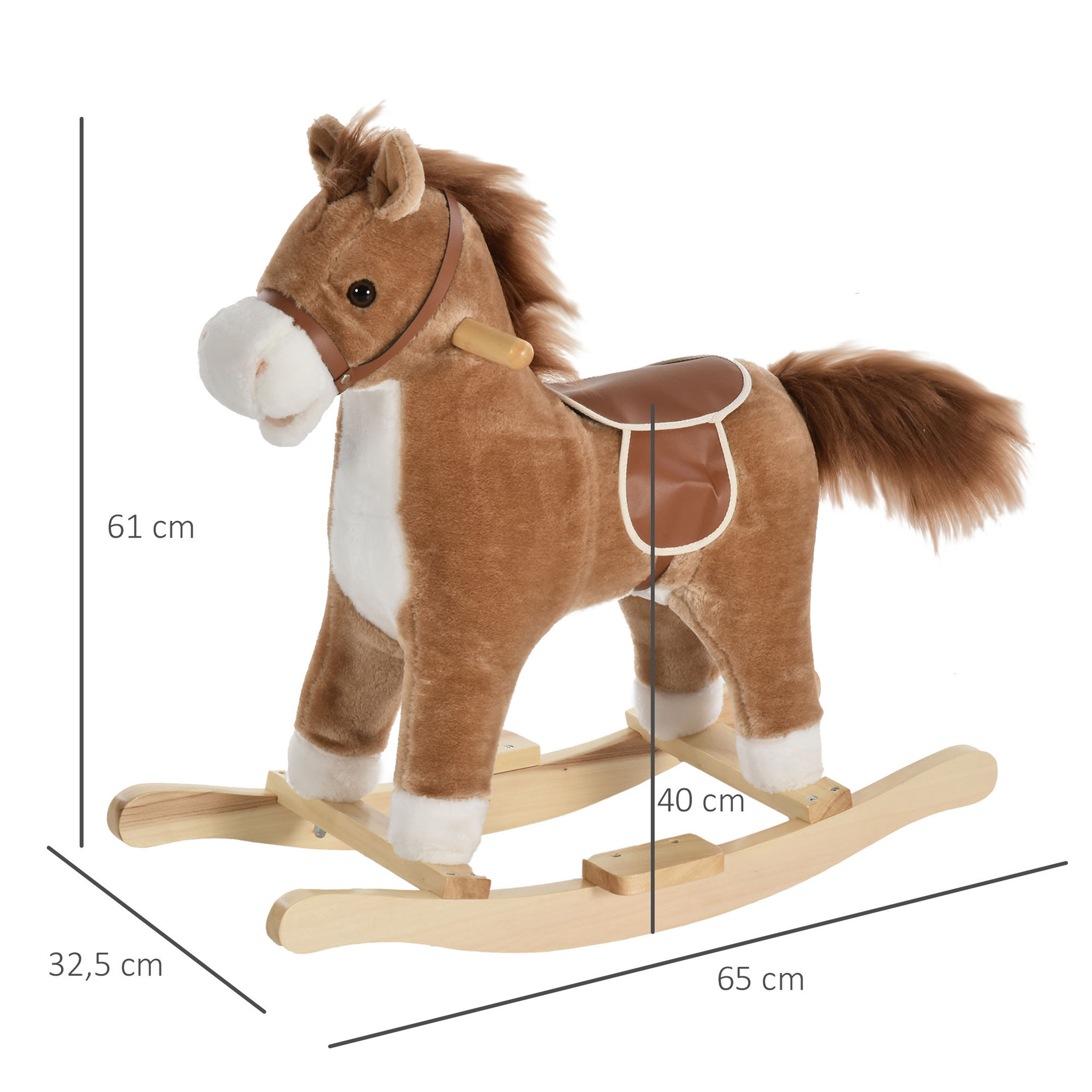 Voir la diapositive 3 : HOMCOM Cheval à bascule selle grand confort peluche courte douce bois peuplier brun dim. 65L x 32,5l x 61H cm