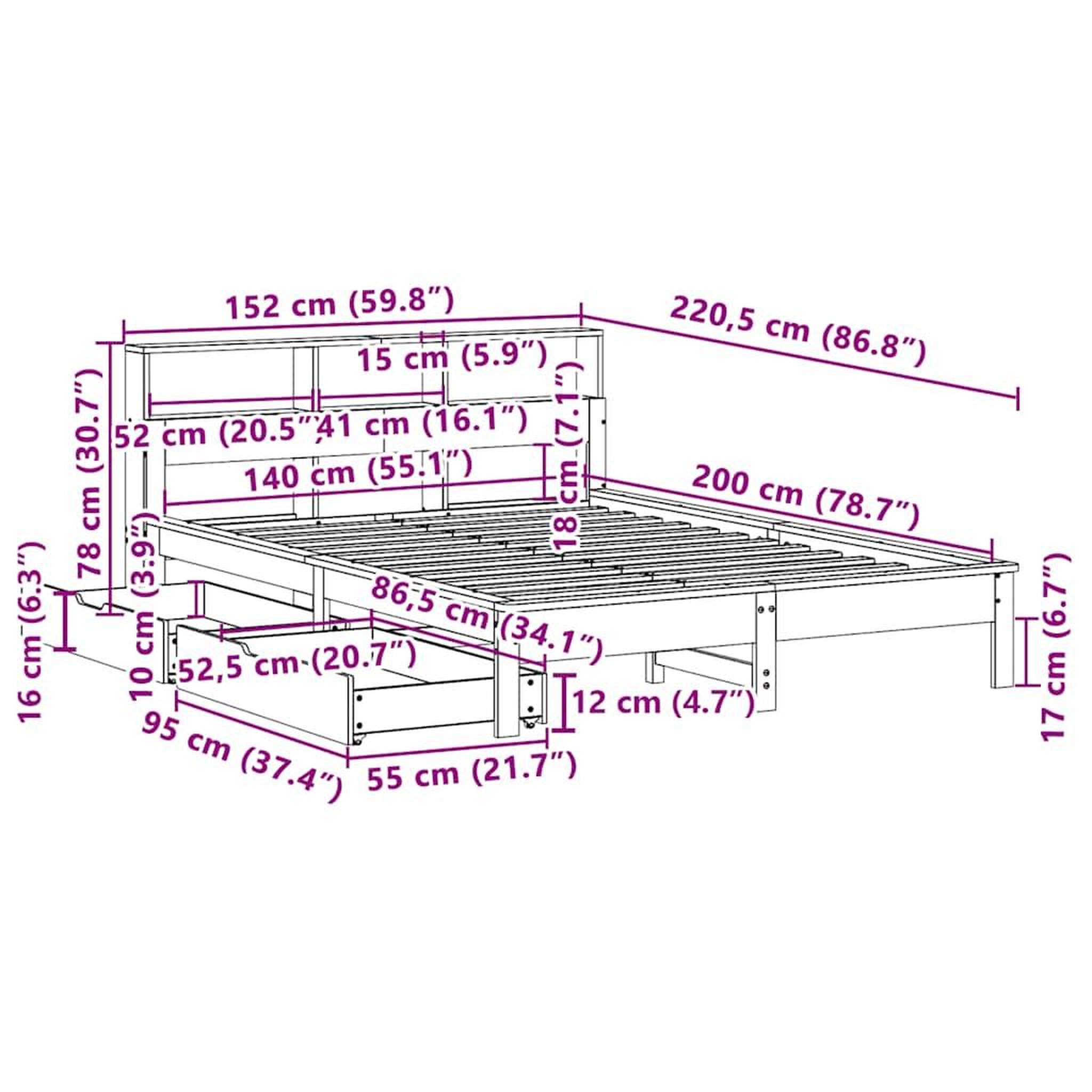 Voir la diapositive 6 : VIDAXL Lit bibliotheque sans matelas cire marron 140x200 cm pin massif