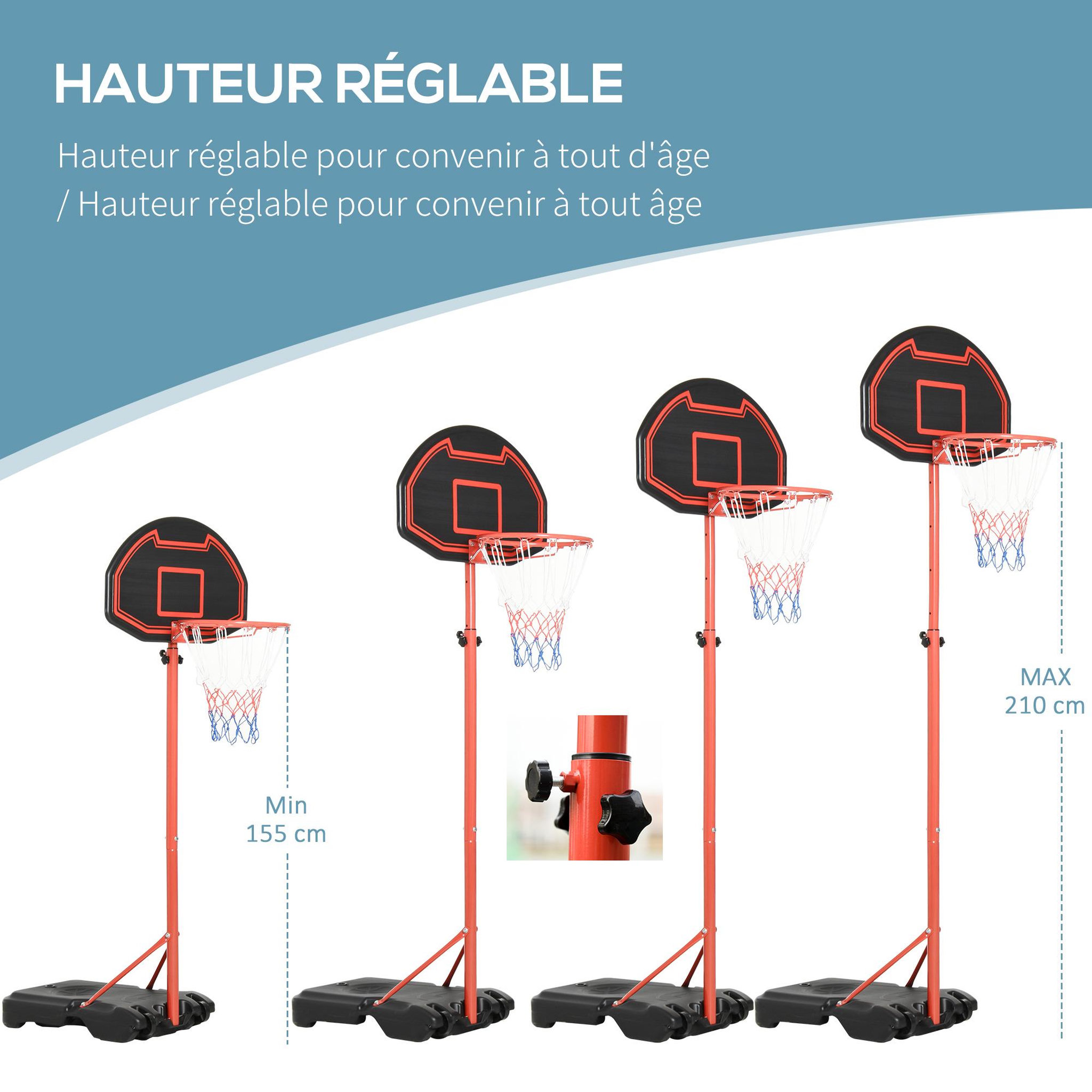 Voir la diapositive 4 : HOMCOM Panier de Basket-Ball sur pied avec poteau panneau, base de lestage sur roulettes hauteur réglable 1,55 - 2,1 m rouge noir