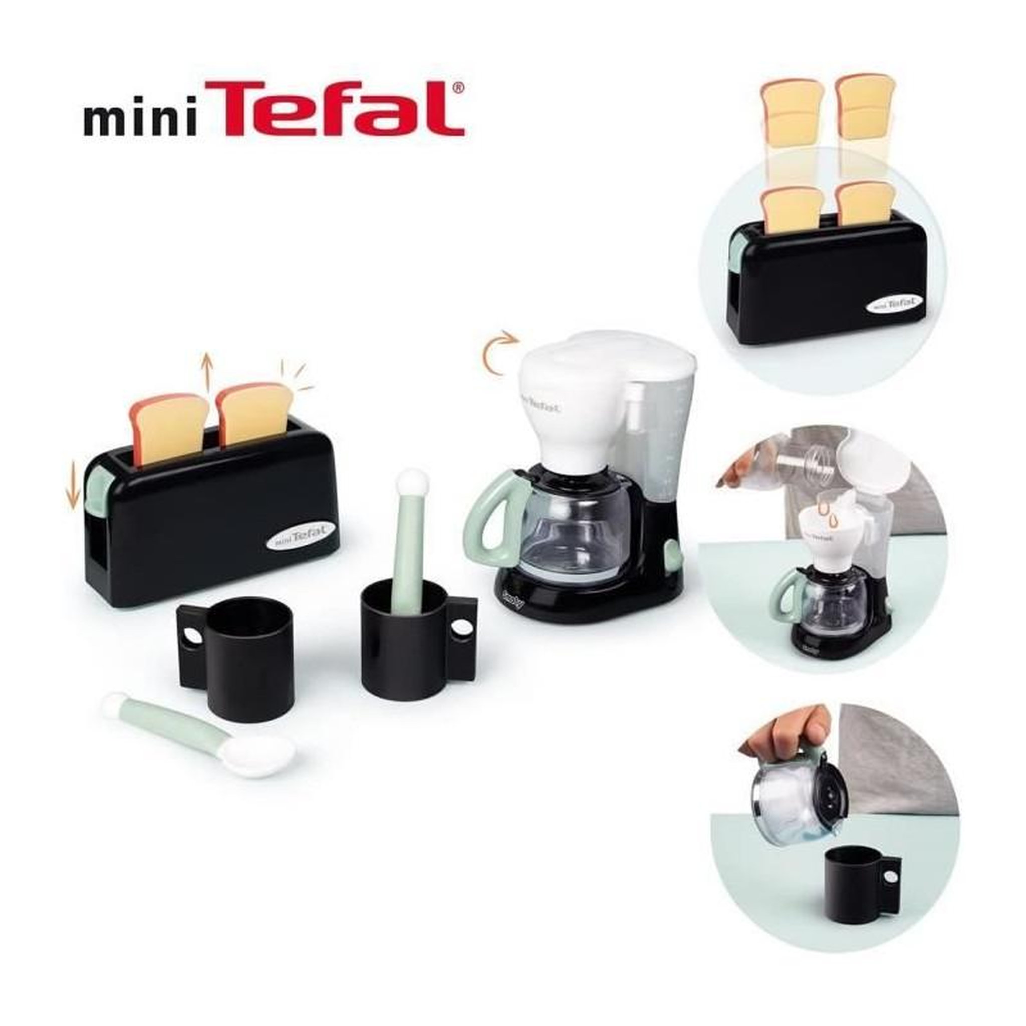 Voir la diapositive 2 : SMOBY Smoby - Tefal Petit Déjeuner - Grille pain + cafetiere + tasses et cuilleres - Dés 3 ans