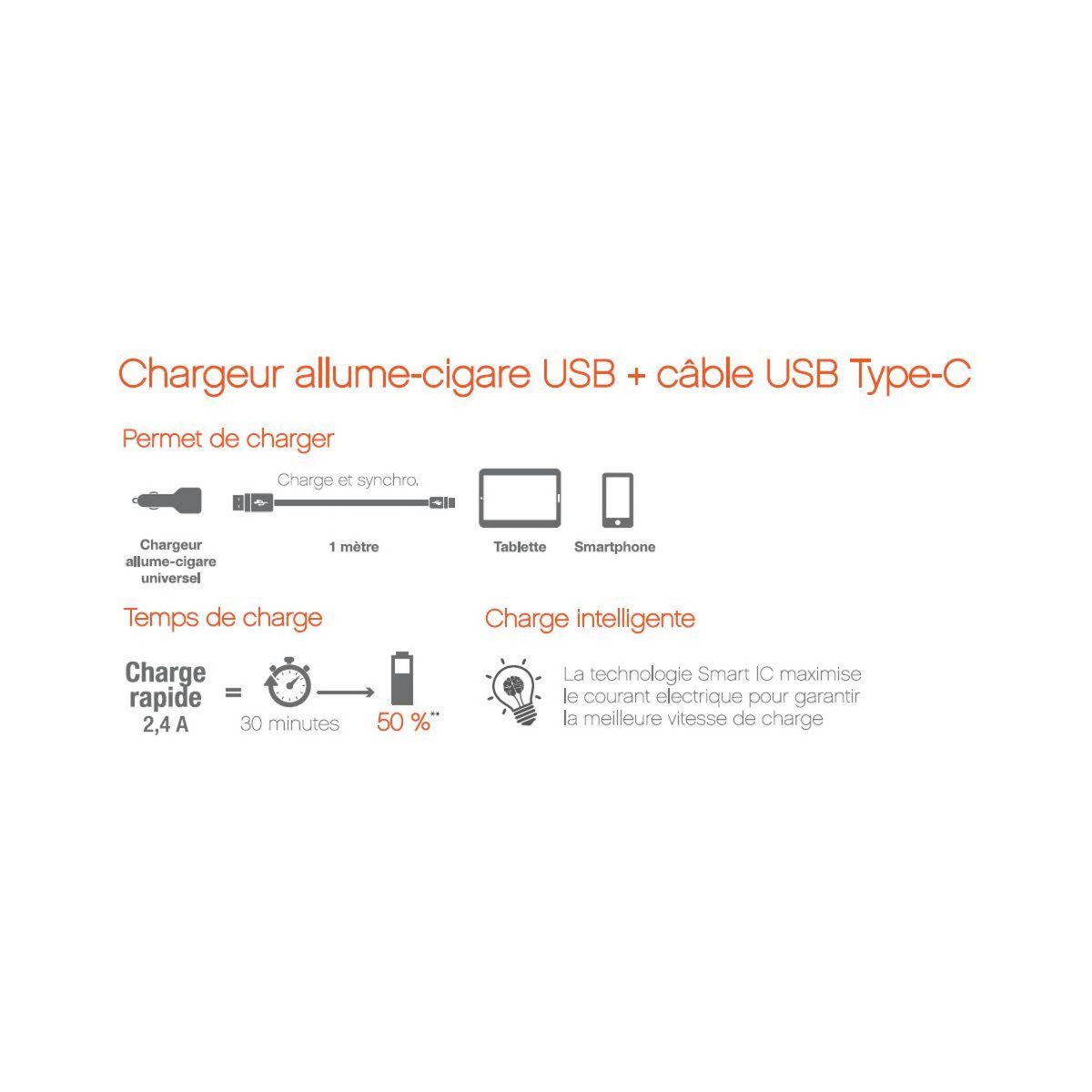 ESSENTIEL B Chargeur + câble 12W Smart IC USB-A + Cable USB-C 1M