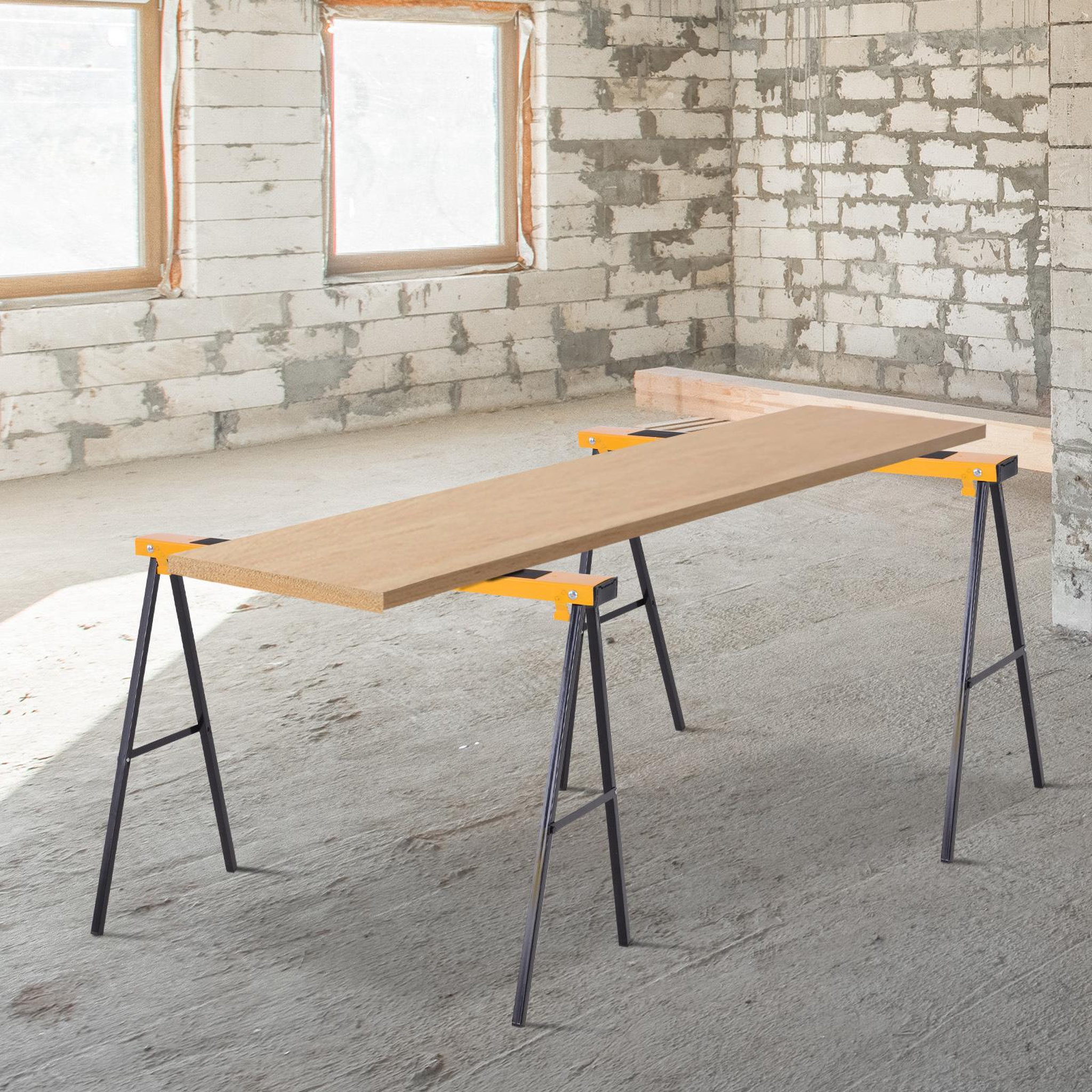 Voir la diapositive 4 : HOMCOM HOMCOM Lot de 2 tréteaux pliables compactes poignée transport dim. 100L x 50l x 76H cm surface antidérapante métal noir jaune