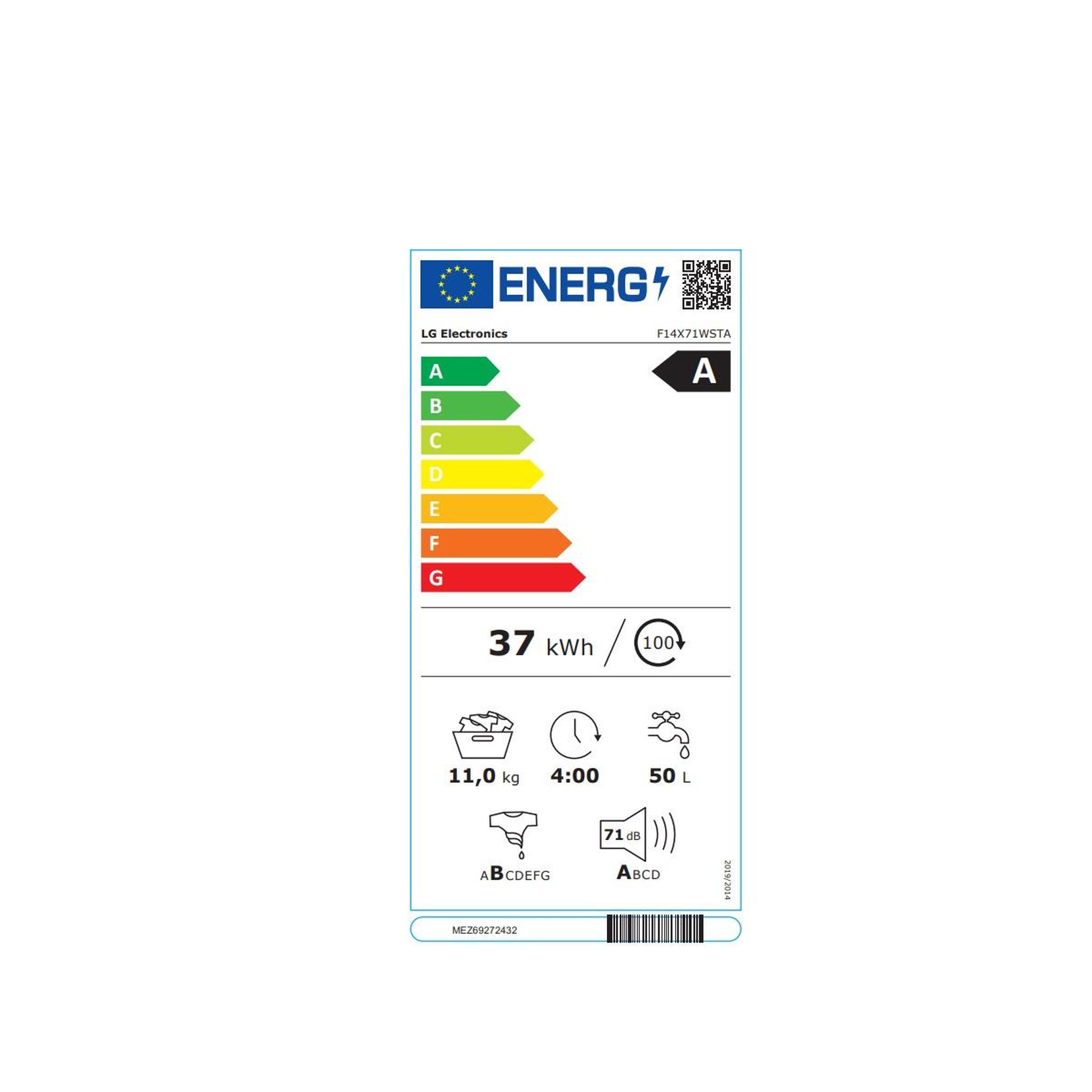 Voir la diapositive 2 : LG Lave-linge frontal 11kg 1400 tours/min - f14x71wsta