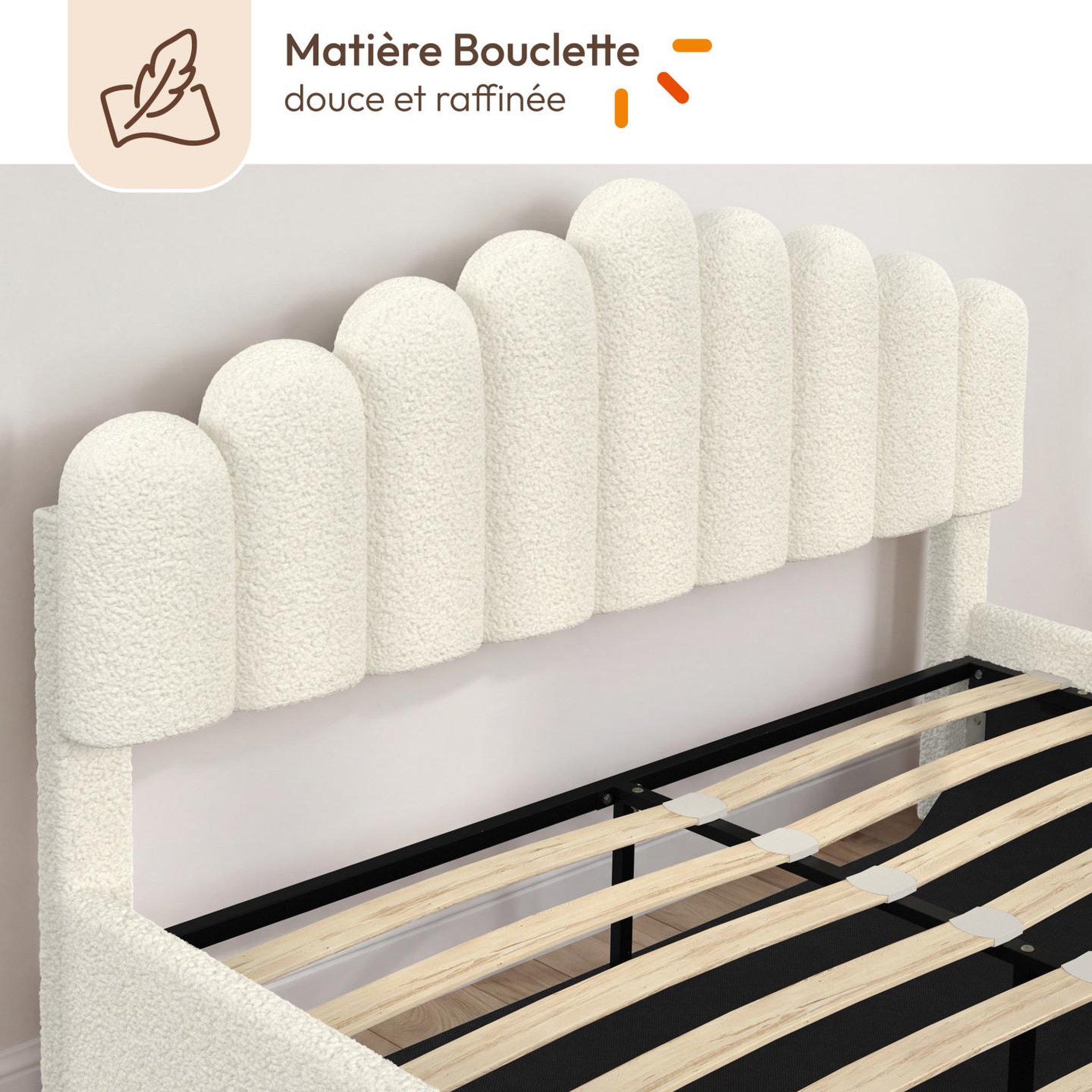 Voir la diapositive 6 : ID MARKET Lit coffre double noelie avec tête de lit et sommier 140 x 190 cm tissu bouclette blanc