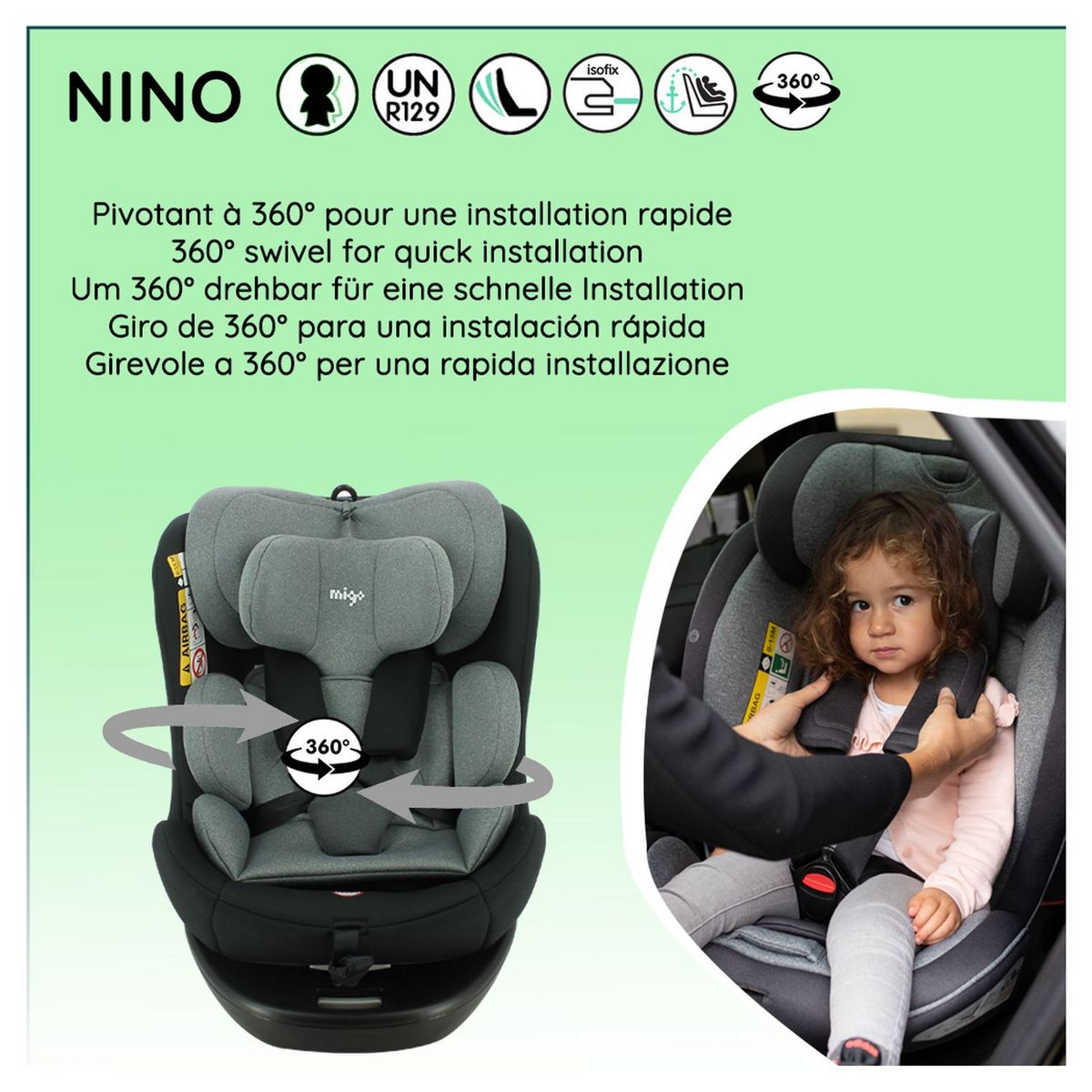 MIGO Siège auto NINO pivotant 360° I-Size 40-150 cm