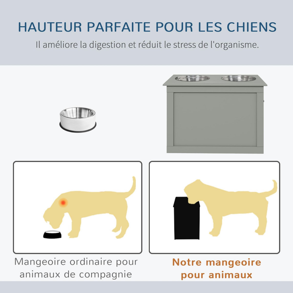 PAWHUT Gamelle double chien chat Porte-gamelles surélevé dim. 60L x 30l x 41H cm 2 gamelles poignées coffre MDF