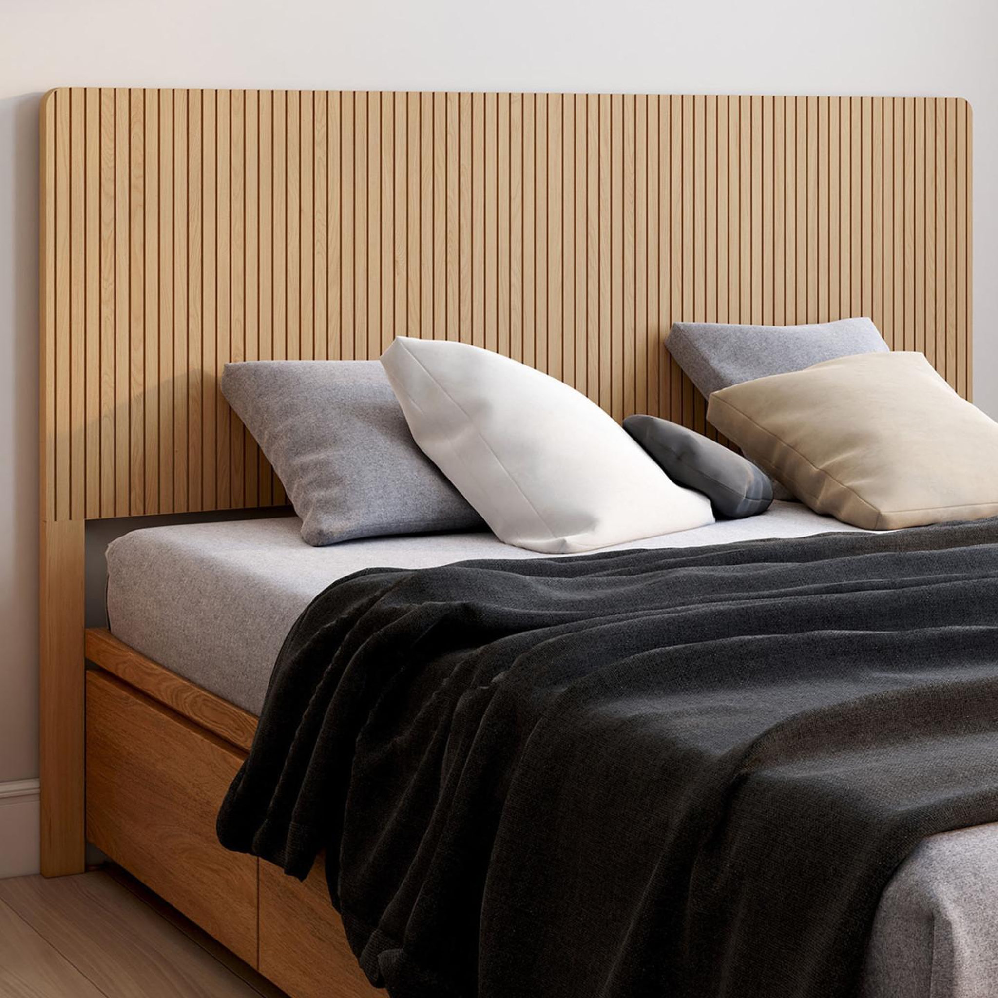Voir la diapositive 2 : ID MARKET Tête de lit sur pied juliette 160 cm effet lattes tasseau bois