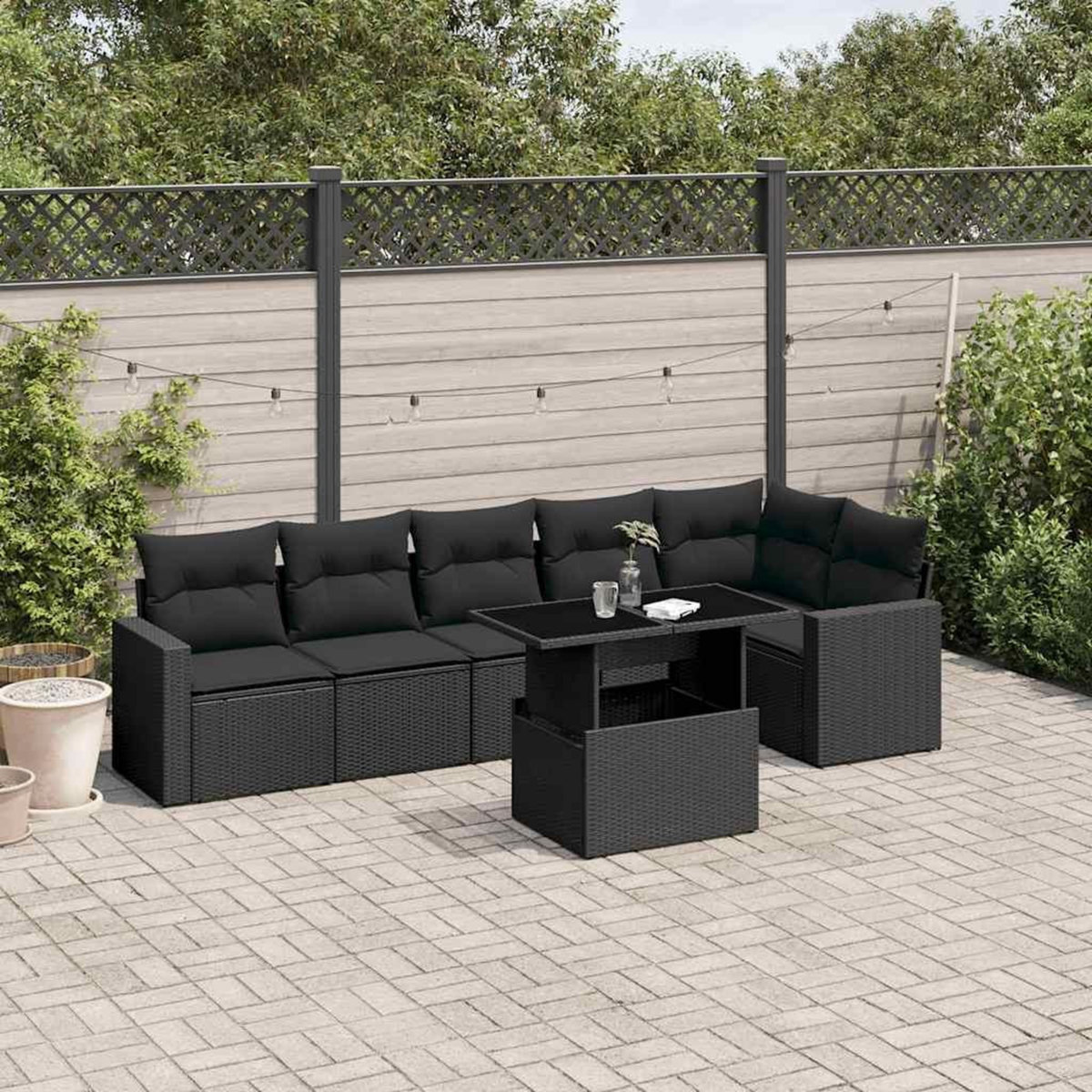 VIDAXL Salon de jardin 7 pcs avec coussins noir resine tressee