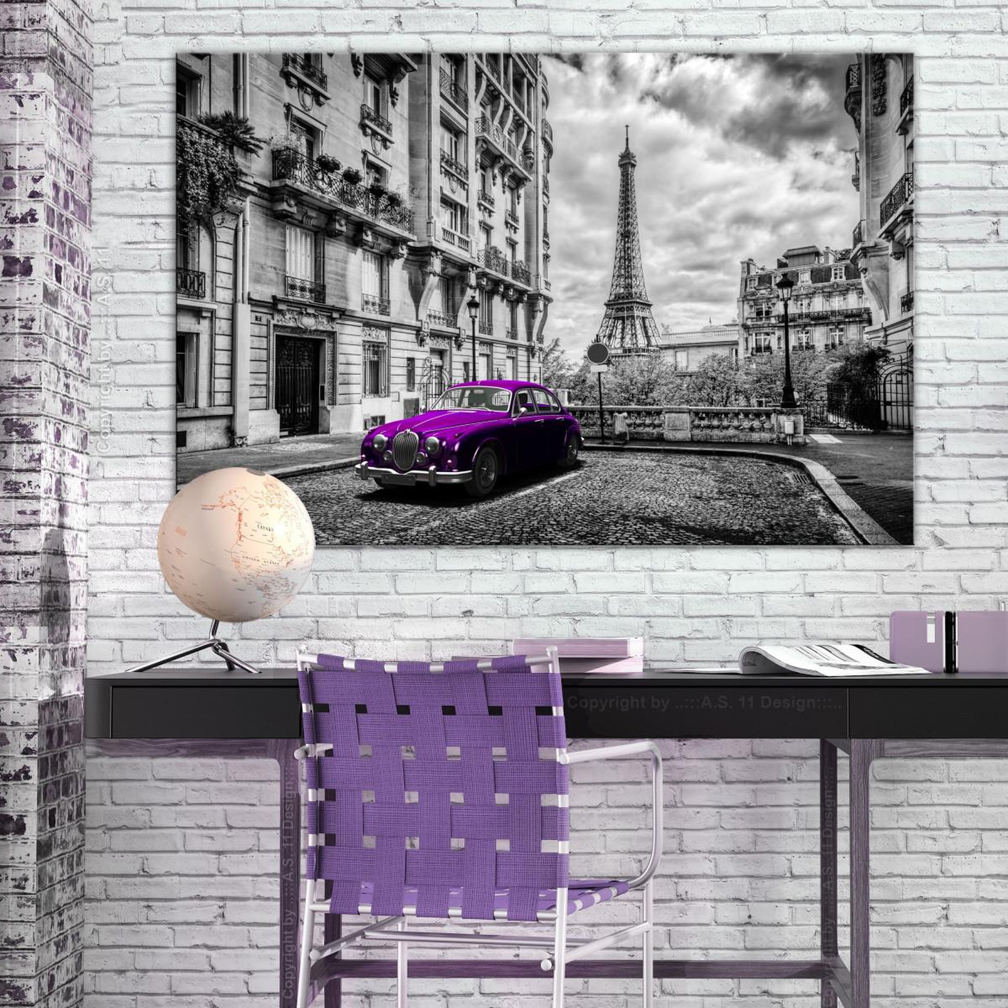 Voir la diapositive 2 : Paris Prix Tableau imprimé  car in paris violet wide