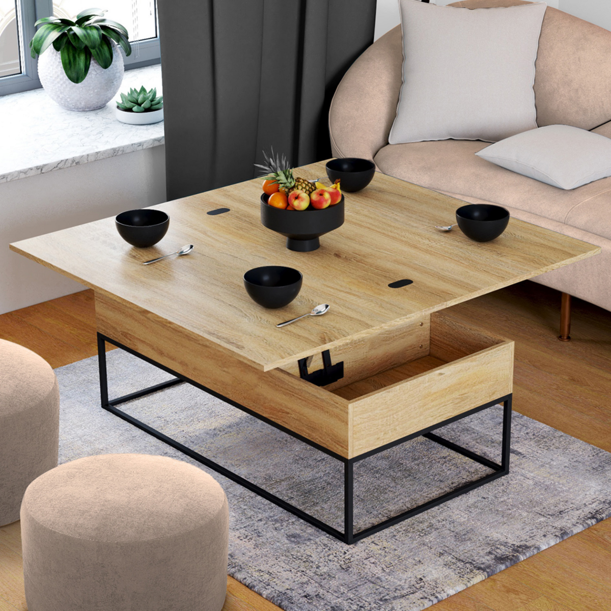 ID MARKET Table basse rectangulaire relevable convertible en table à manger DETROIT design industriel