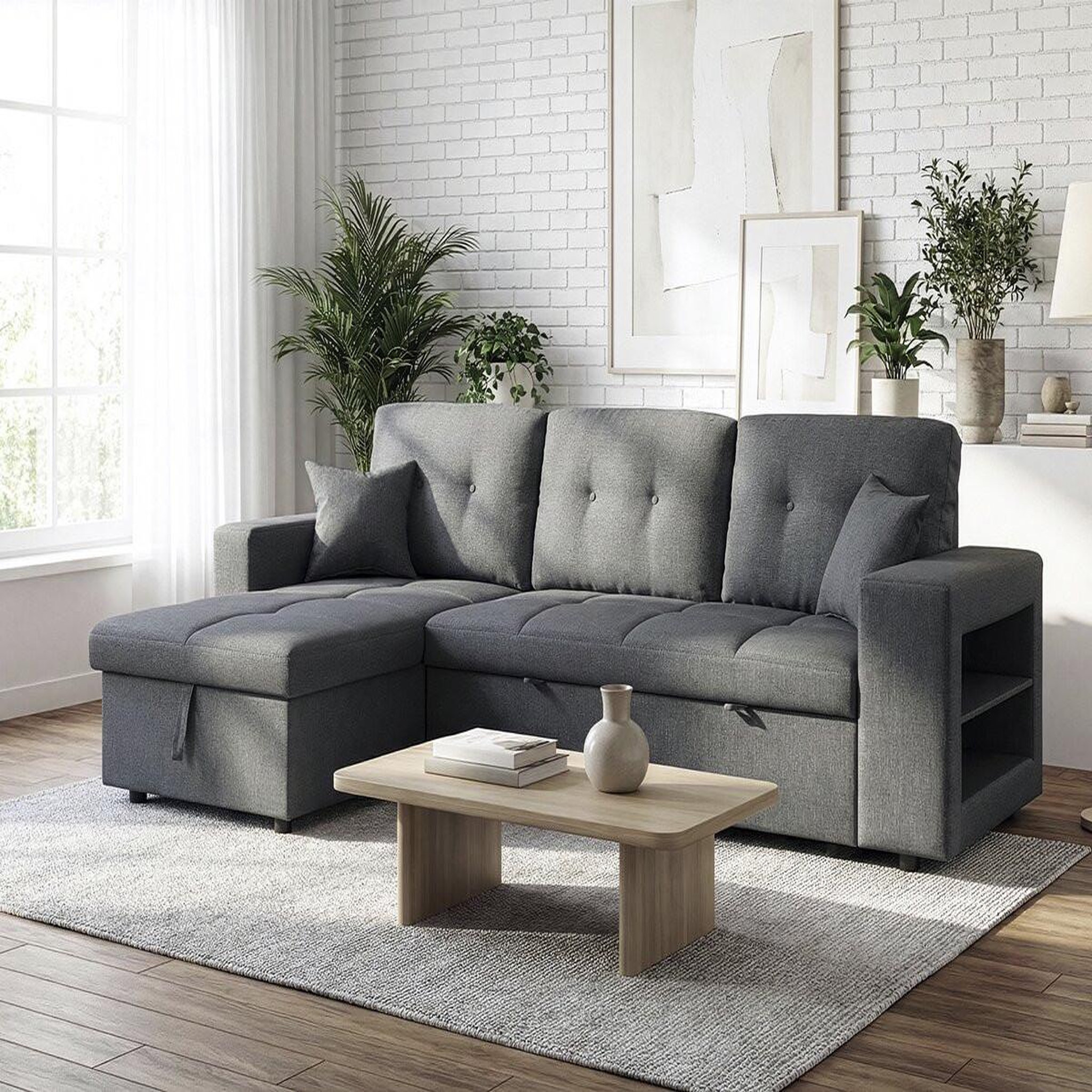 Voir la diapositive 2 : Habitat et Jardin Canapé d'angle convertible/réversible tissu style bubble  axel  - 3 places - gris