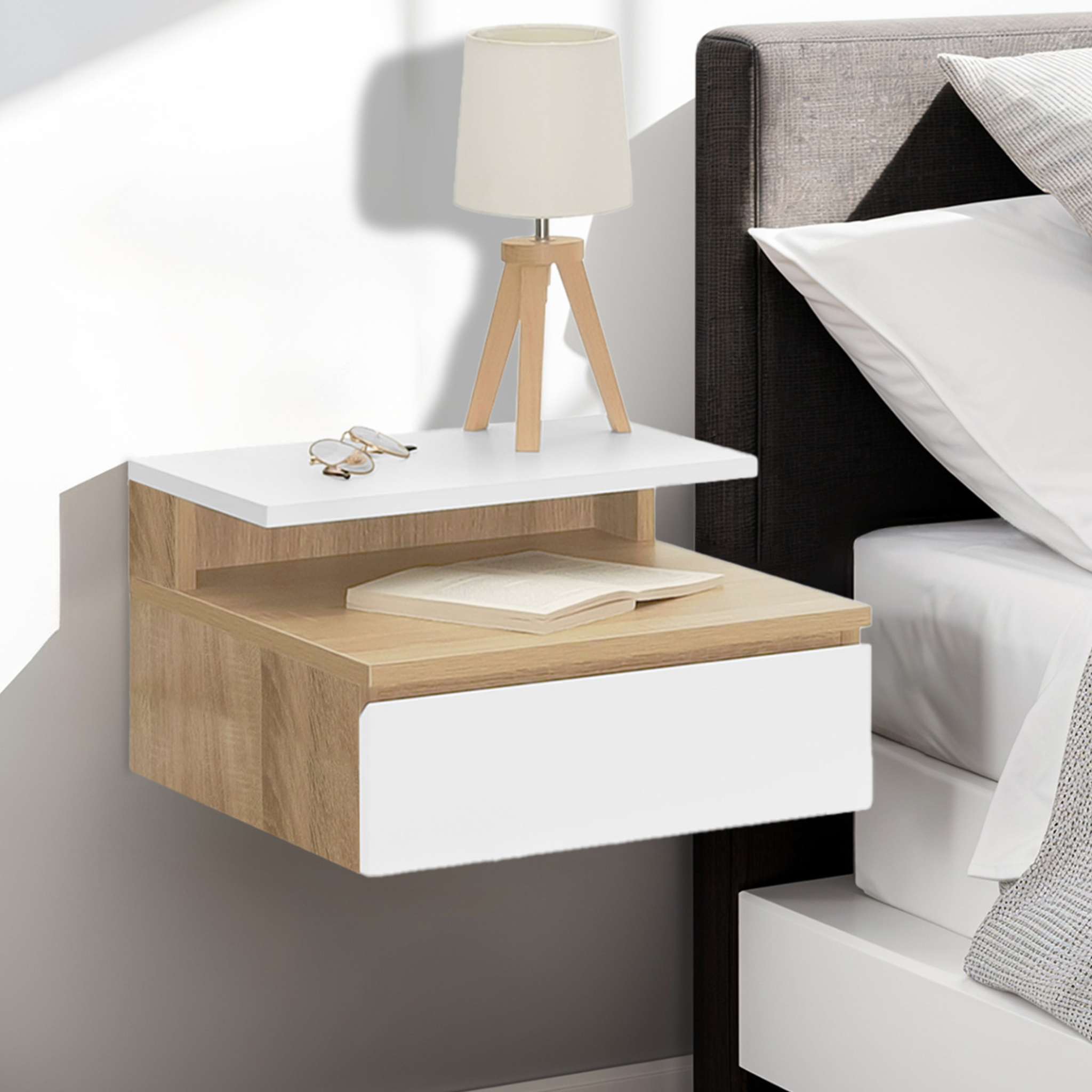 Voir la diapositive 2 : ID MARKET Lot de 2 tables de chevet murales tomi 1 tiroir + 1 tablette étagère suspendue + 1 tablette façon hêtre et blanc