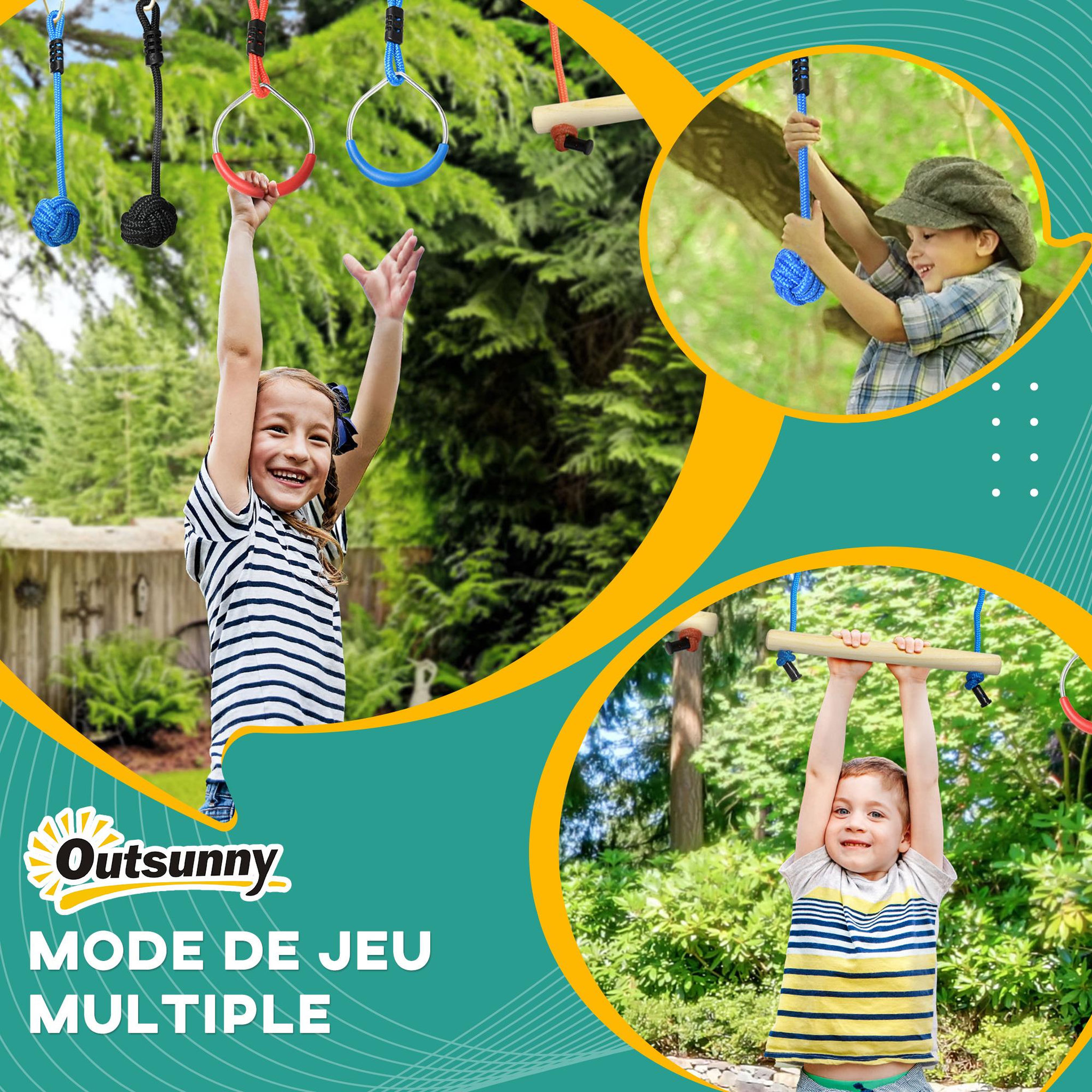 Voir la diapositive 5 : OUTSUNNY Parcours d'obstacles ninja enfant - 30 accessoires, 10 m de slackline - sac de transport - bleu rouge
