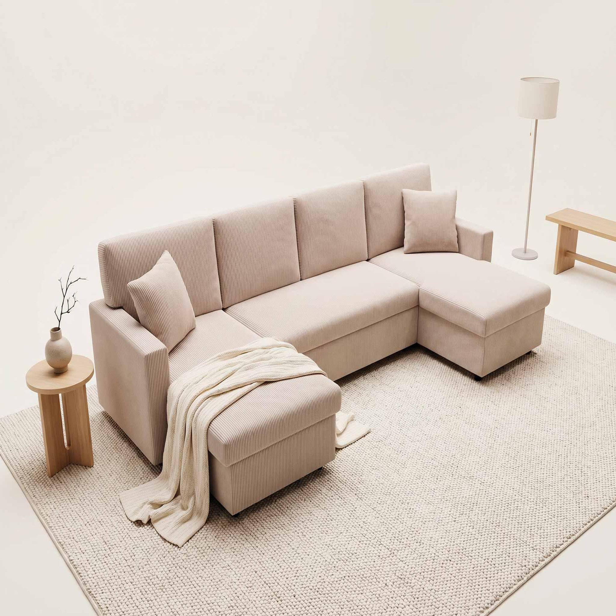 Voir la diapositive 2 : BEST MOBILIER Meiya - canapé panoramique en u 7 places convertible avec coffre en velours côtelé