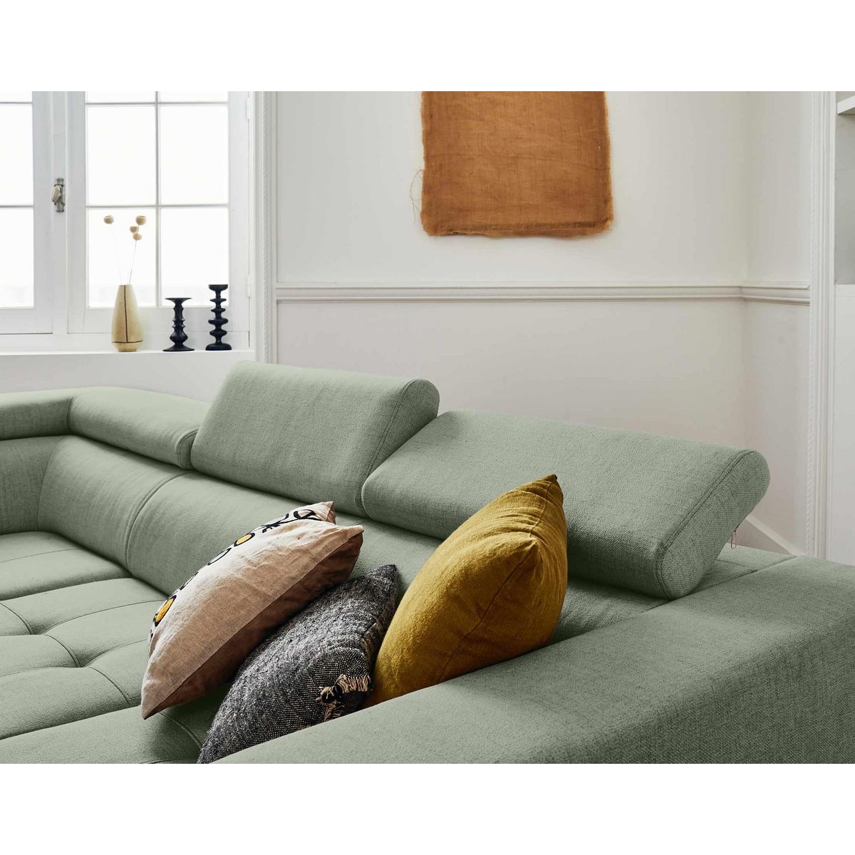 LISA DESIGN Olinda - canapé d'angle gauche - 5 places - convertible avec coffre et têtières réglables - en tissu