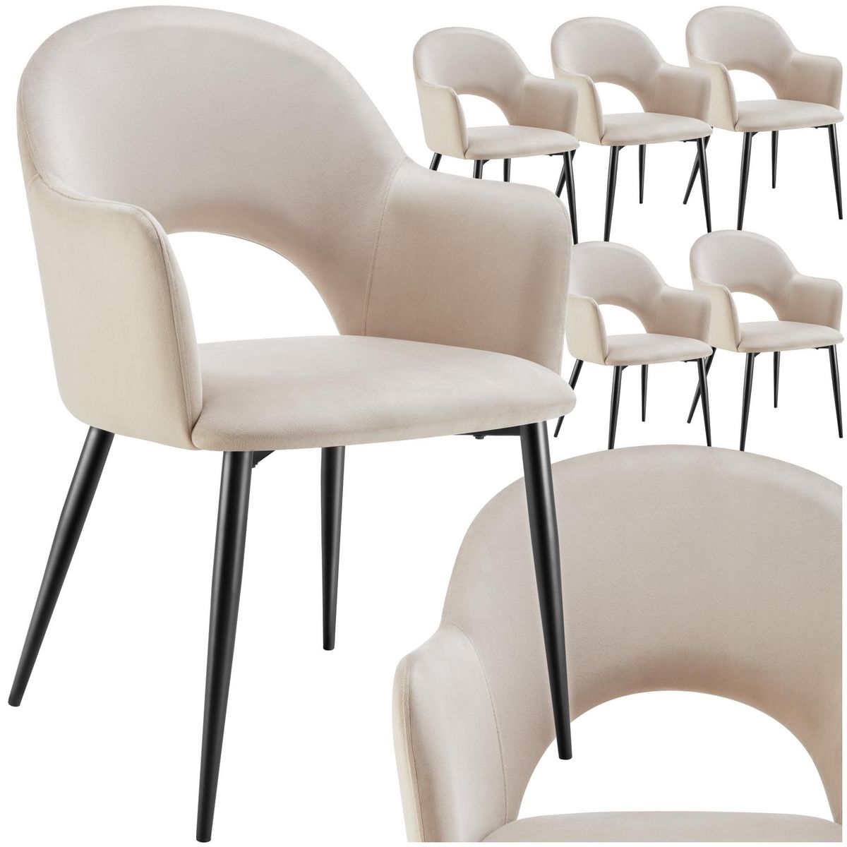 tectake Fauteuil en velours et rembourré crème Lot de 6