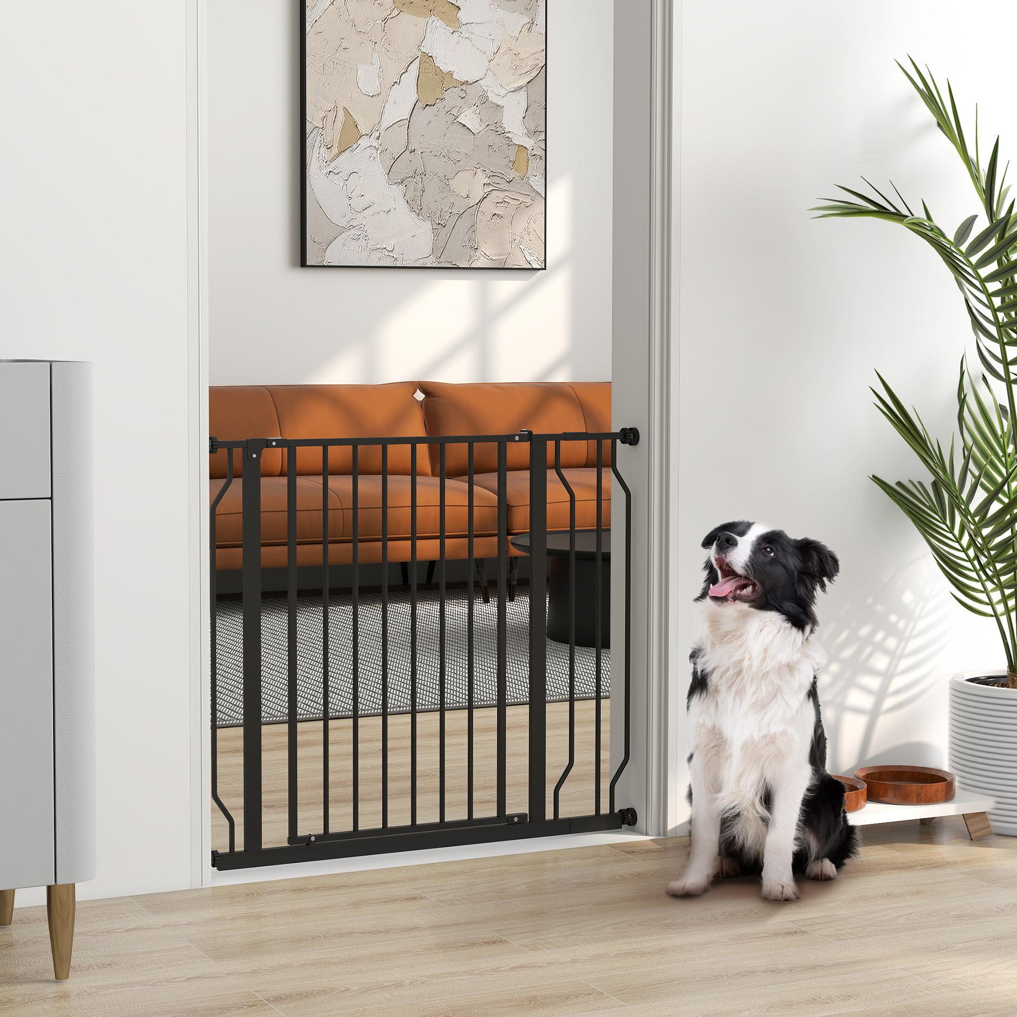 Voir la diapositive 2 : PAWHUT Barrière de sécurité chien réglable 75-95 cm - porte verrouillable - sans perçage - acier abs noir