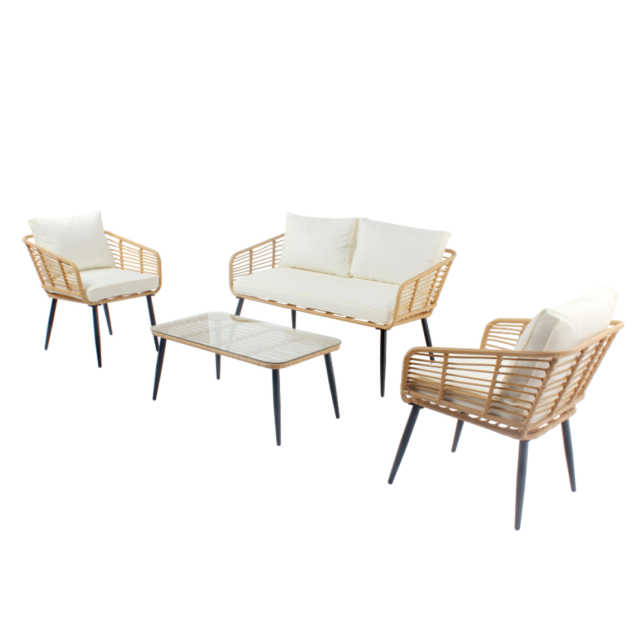 CONCEPT USINE Salon de jardin 4 places canapé et chaises effet rotin avec coussins conforts sitia