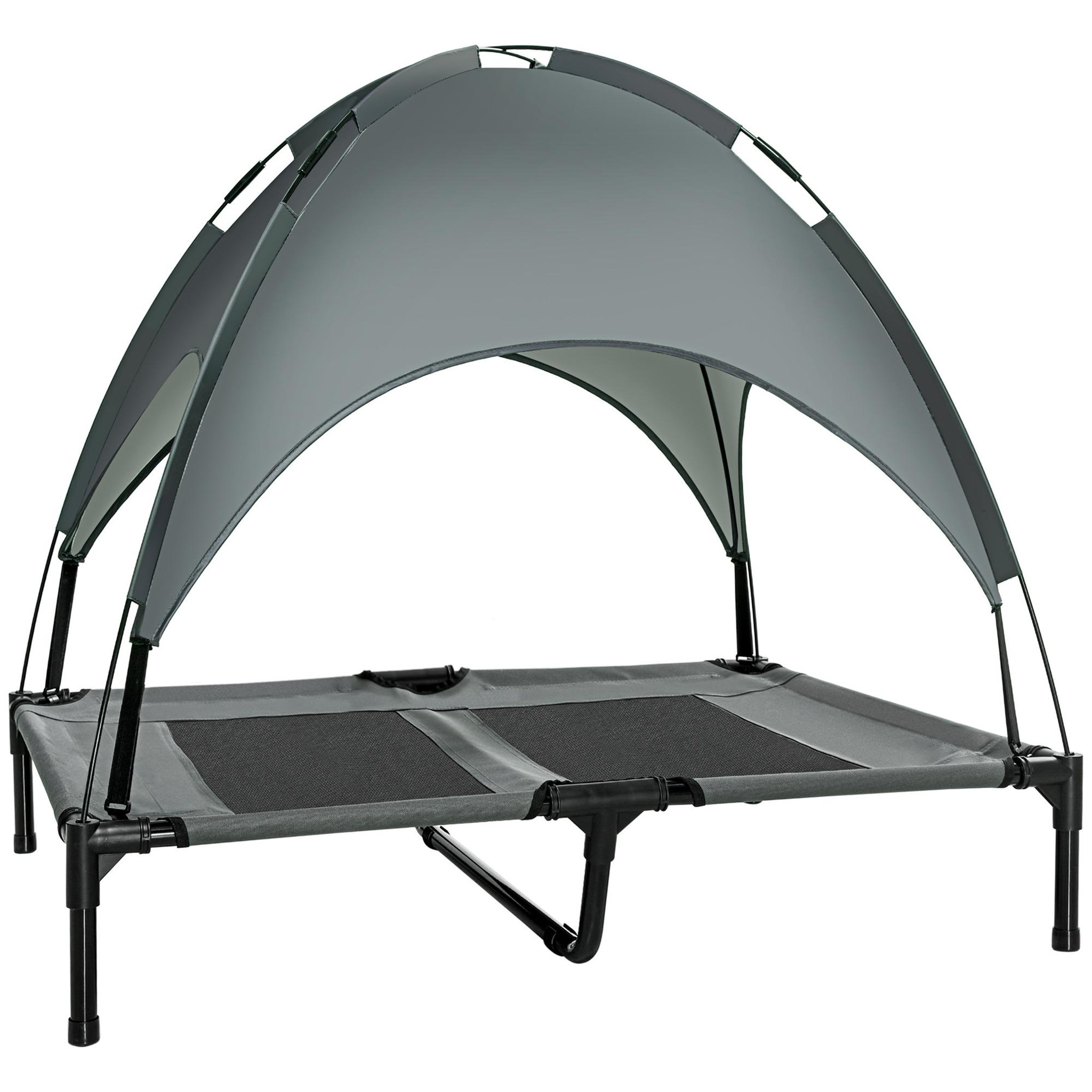 PAWHUT Lit pour chien chat sur pieds lit de camp lit surélevé rafraîchissant velum anti-uv oxford micro-perforé parasol et sac de transport inclus dim. 92l x 76l x 90h cm gris noir