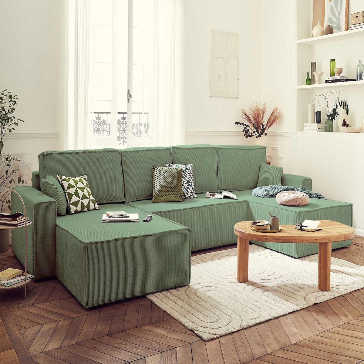 BEST MOBILIER Dellia - canapé panoramique en u - 7 places - convertible - avec coffre - en velours côtelé