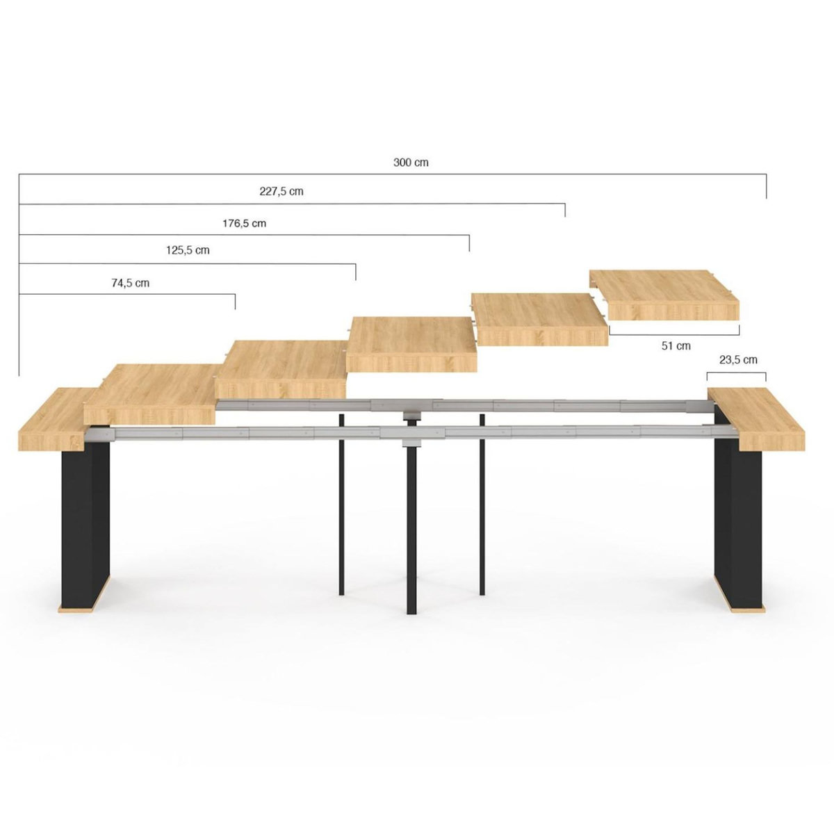 ID MARKET Table console extensible EDEN 14 personnes 300 cm bois et noir