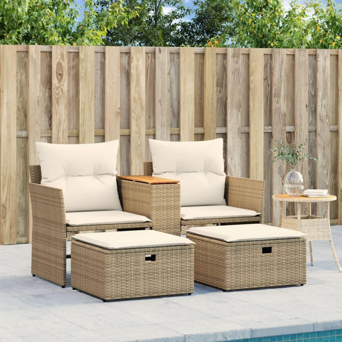 VIDAXL Canape de jardin 2 places avec tabourets beige resine tressee